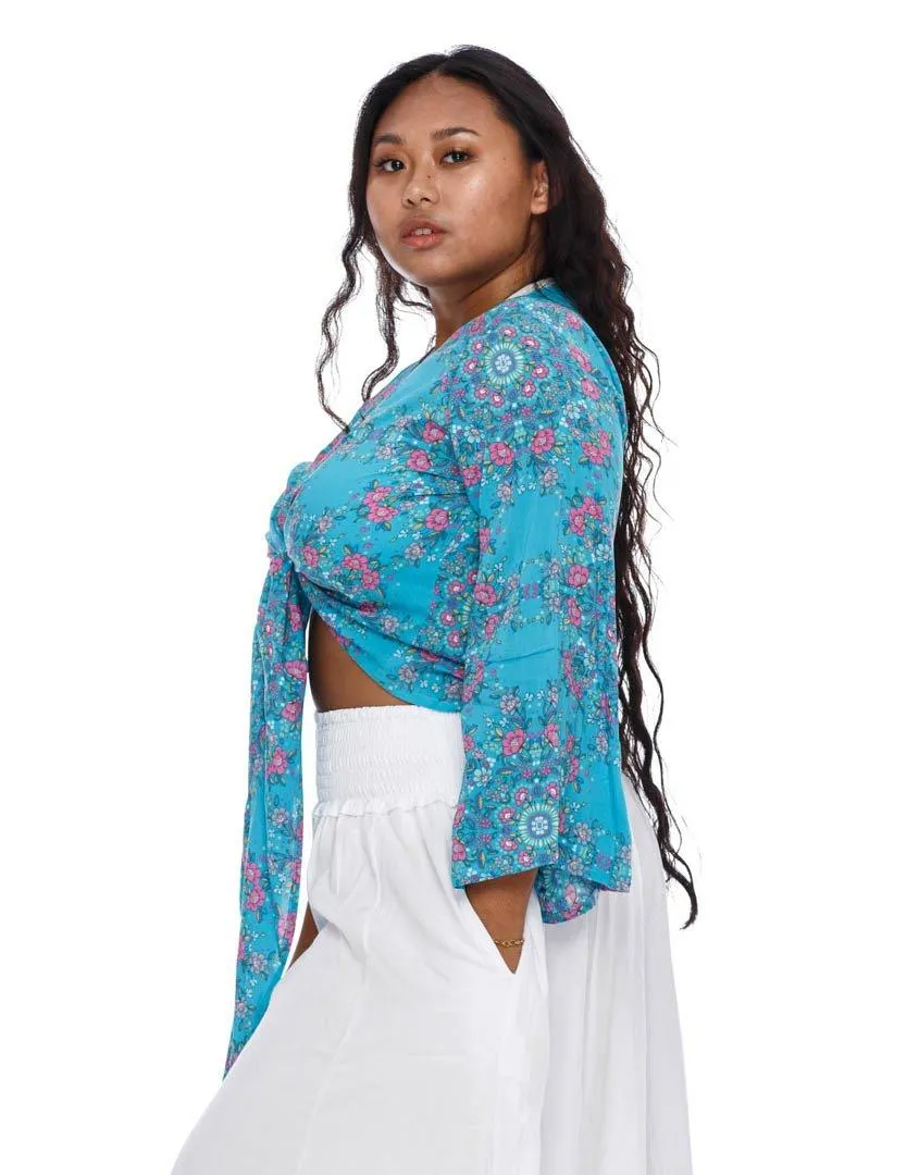 SHU-SHI Women's Floral Print Long Sleeve Crop Top Tie Front Shirt