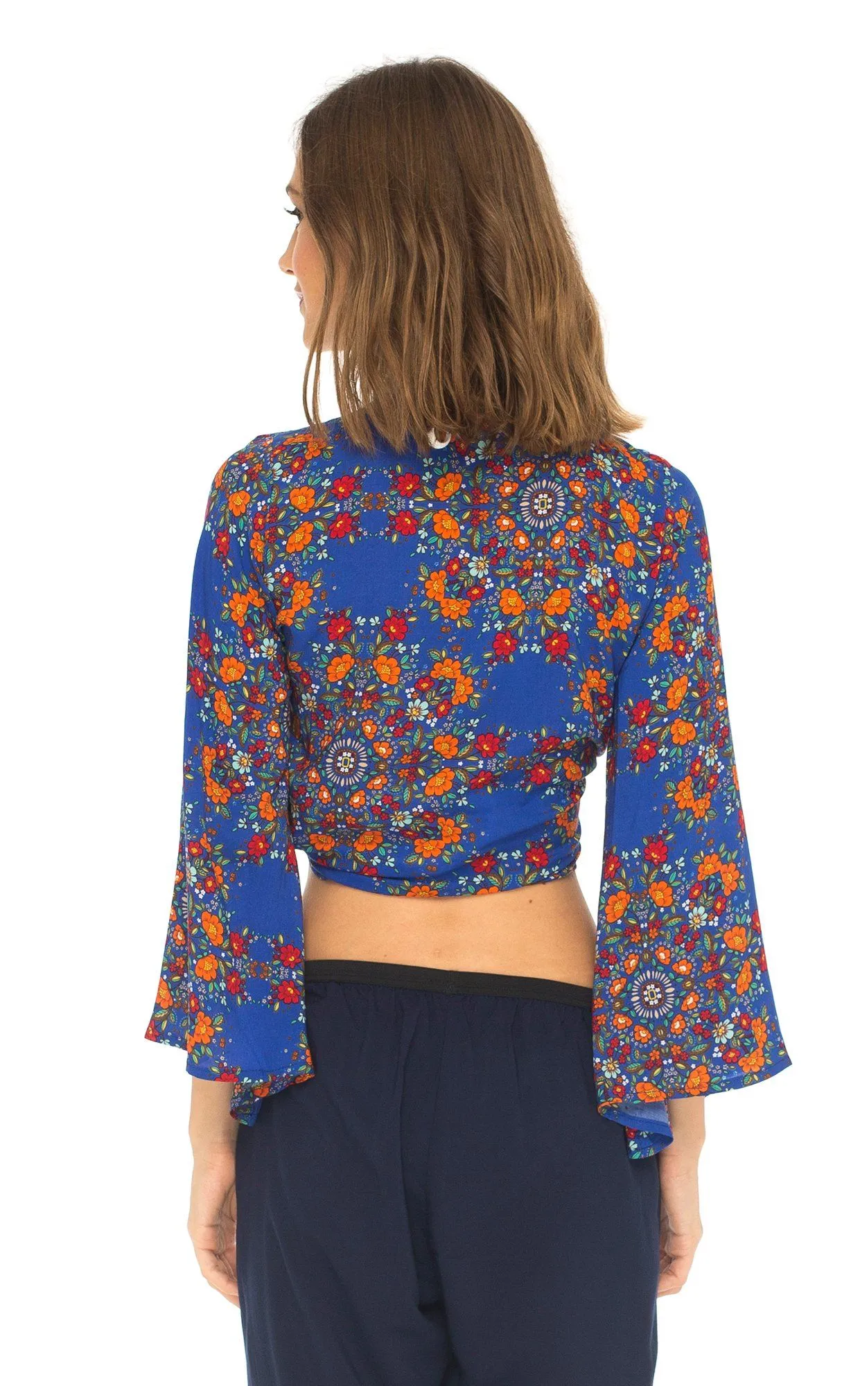 SHU-SHI Women's Floral Print Long Sleeve Crop Top Tie Front Shirt