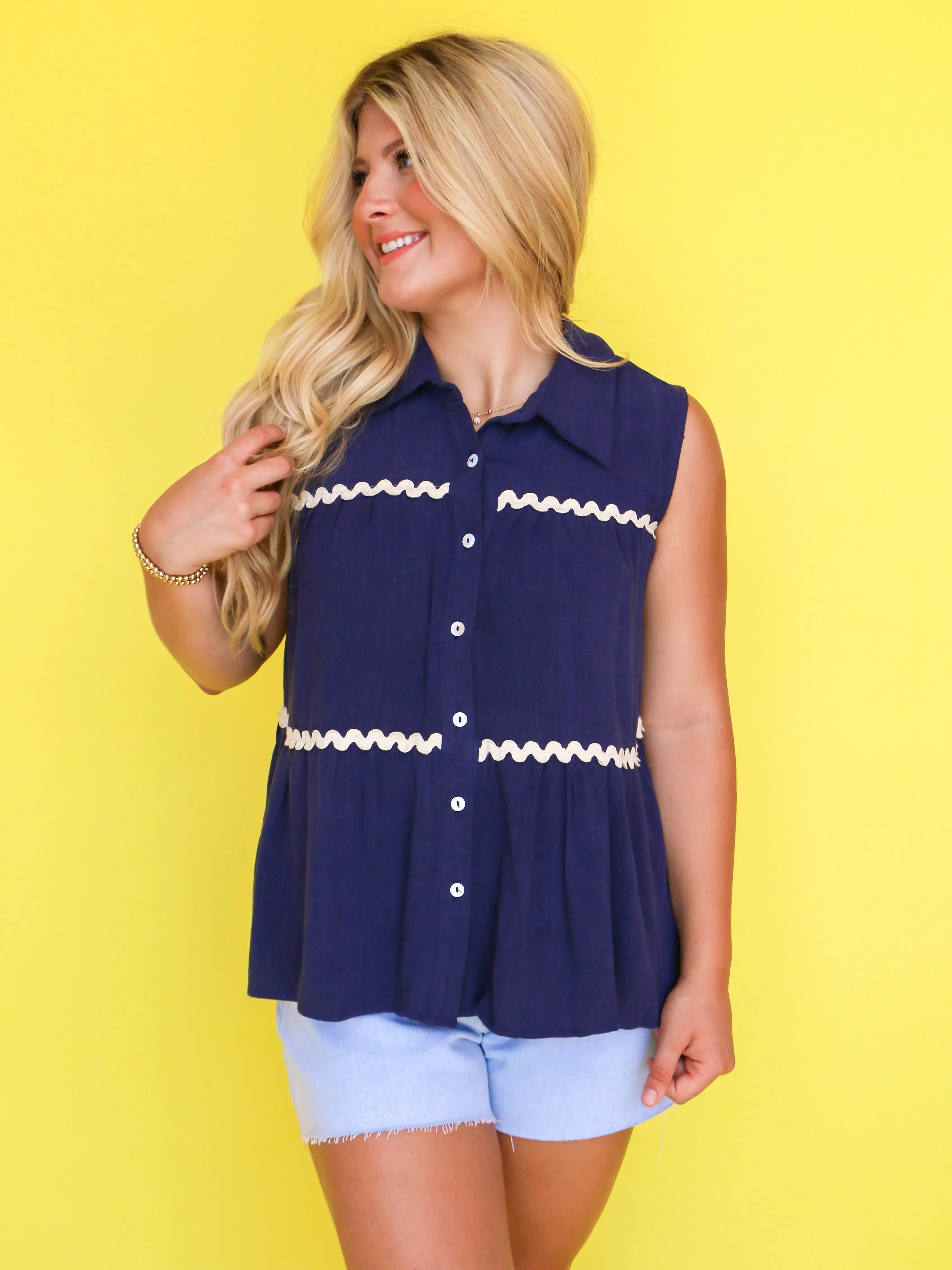 Sleeveless Tiered Button Down Shirt with Ric Rac Trim