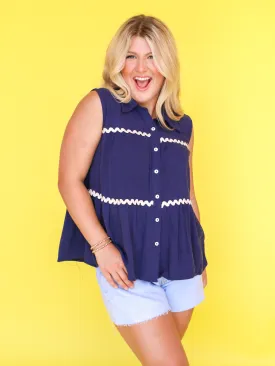 Sleeveless Tiered Button Down Shirt with Ric Rac Trim