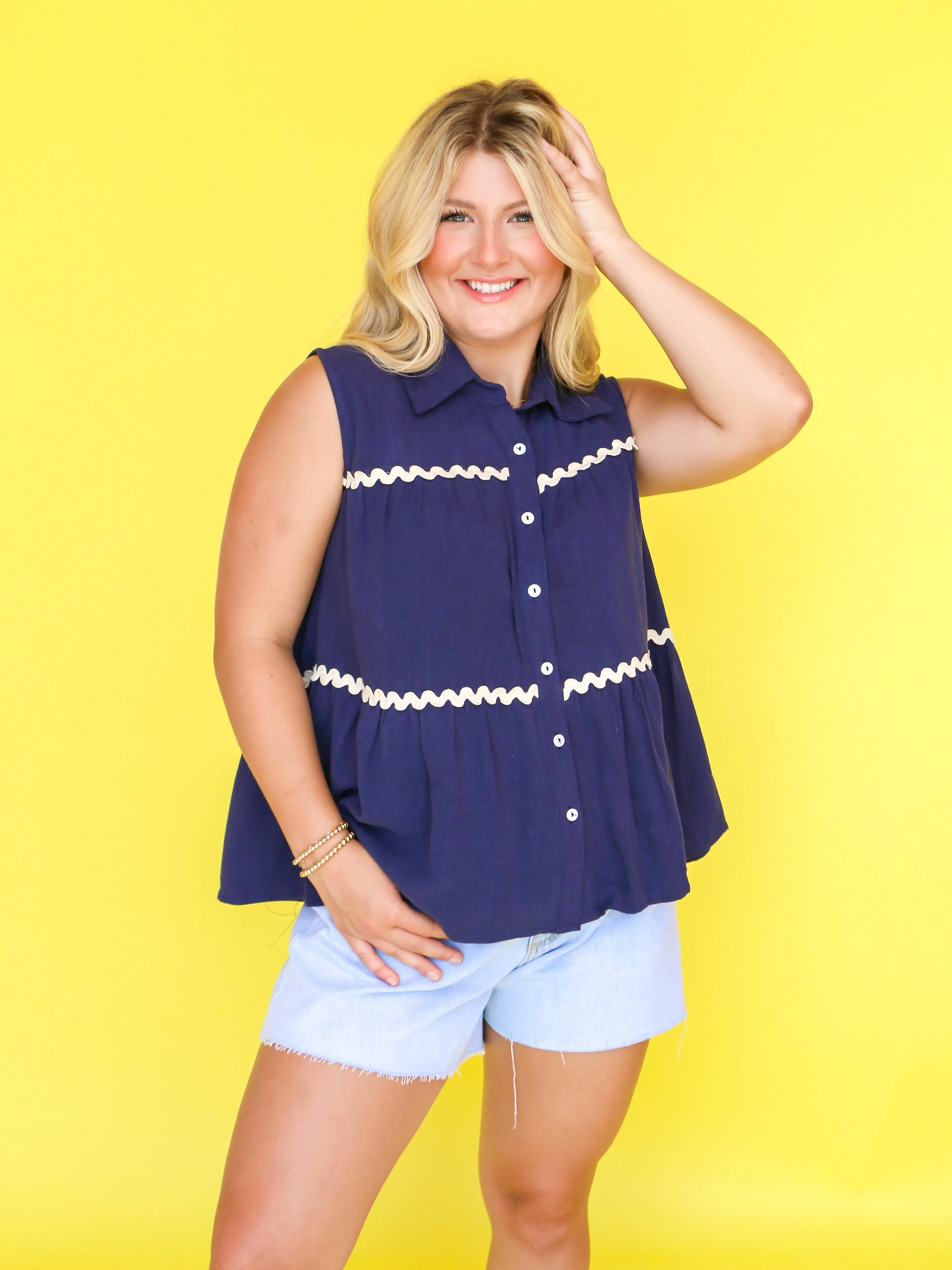 Sleeveless Tiered Button Down Shirt with Ric Rac Trim