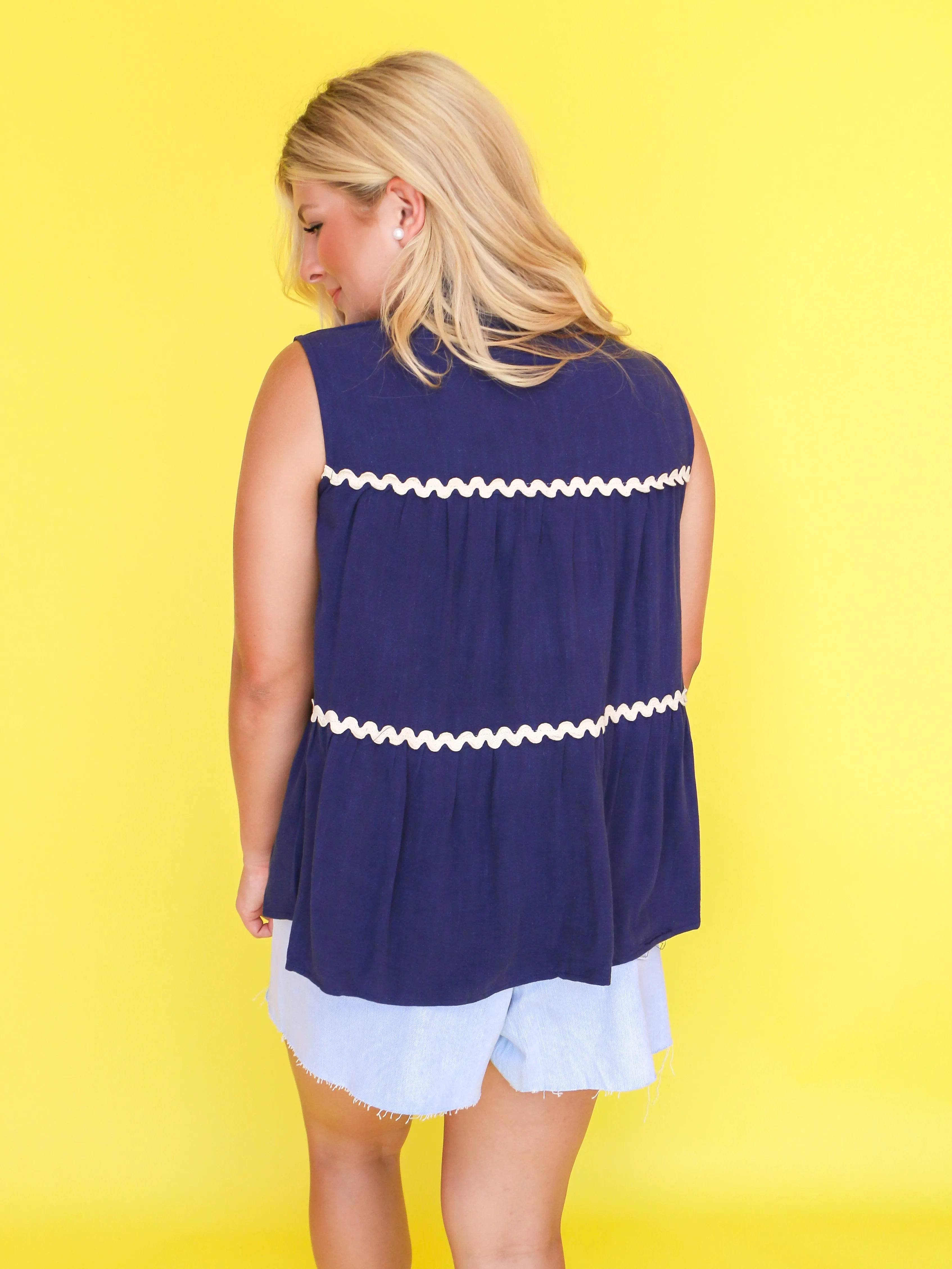 Sleeveless Tiered Button Down Shirt with Ric Rac Trim