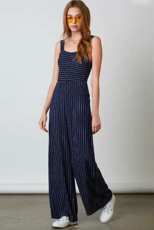 Stevie Navy Striped Apron Tie Back Jumpsuit