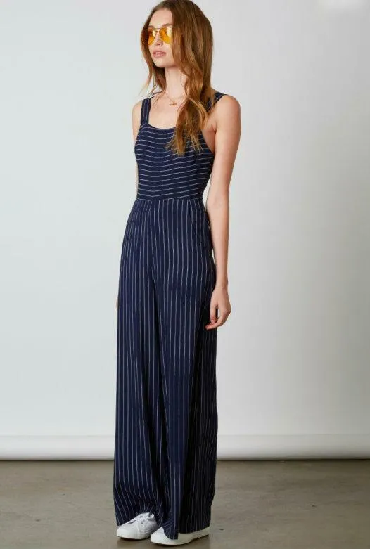 Stevie Navy Striped Apron Tie Back Jumpsuit