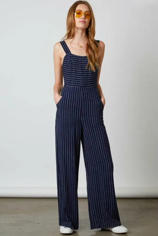 Stevie Navy Striped Apron Tie Back Jumpsuit