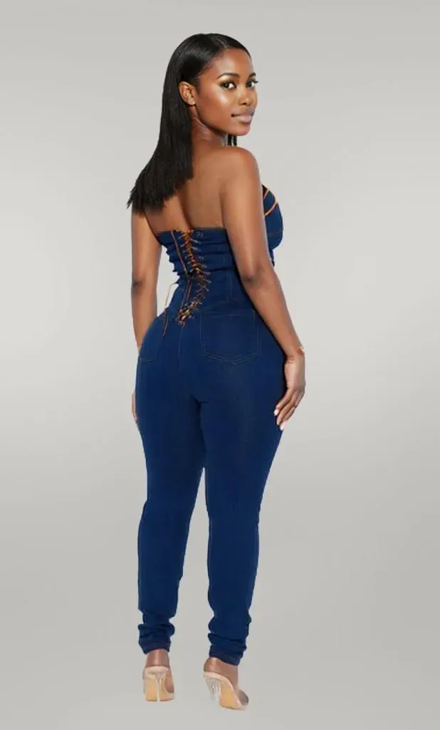 Strapless Denim Jumpsuit With Lace Up Back