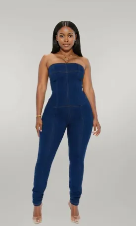 Strapless Denim Jumpsuit With Lace Up Back