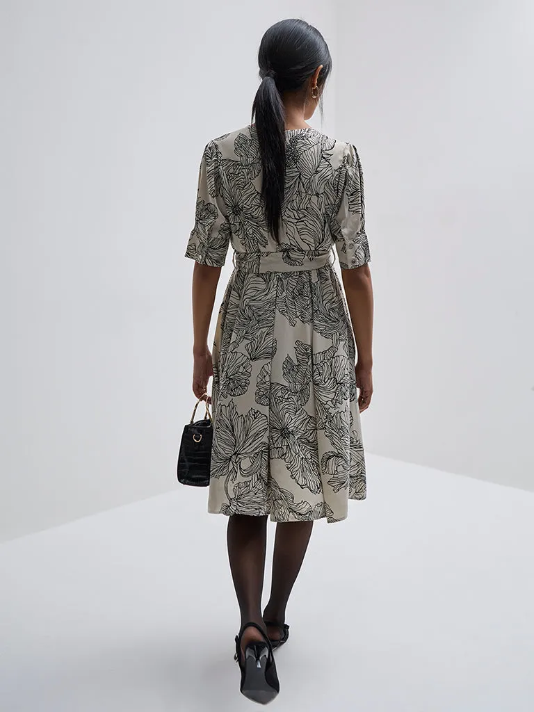 Wardrobe Ivory Floral Design Wrap Dress with Belt