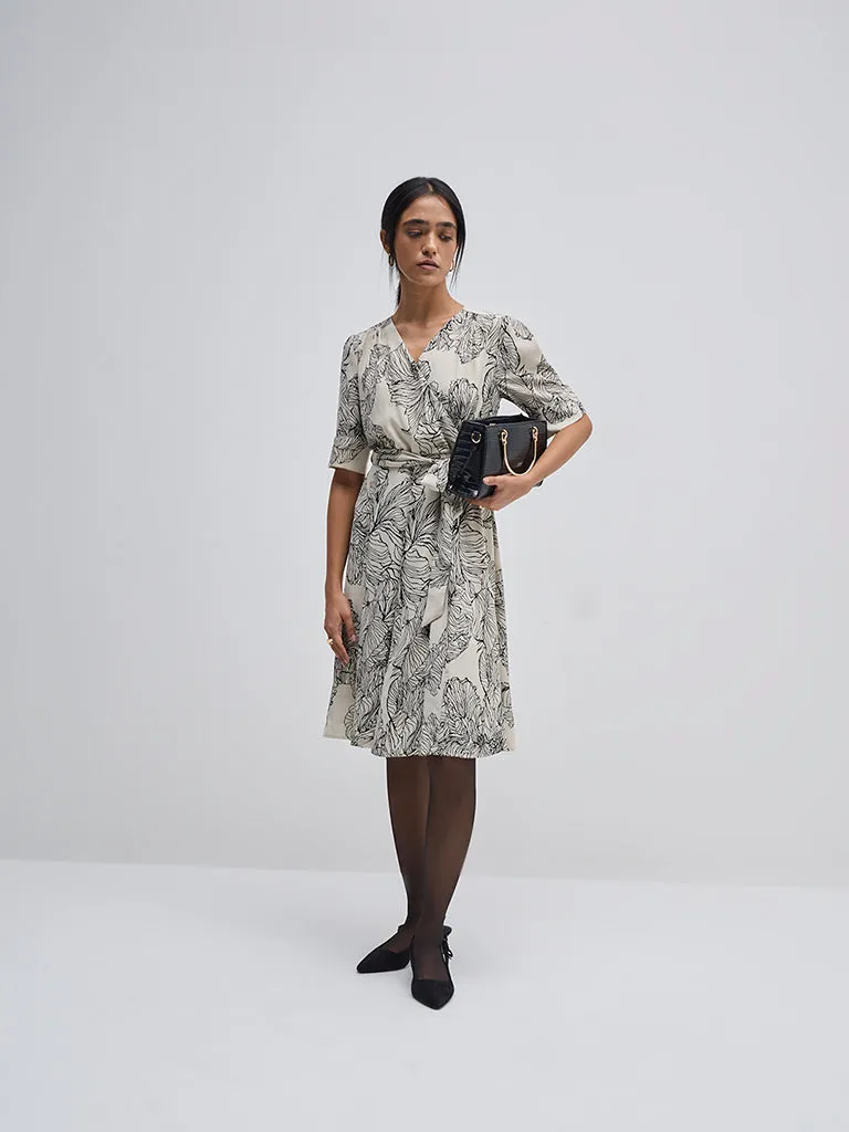 Wardrobe Ivory Floral Design Wrap Dress with Belt