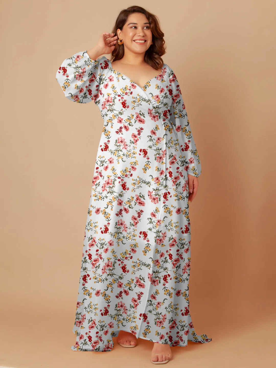 White Floral Print Wrap Maxi Dress