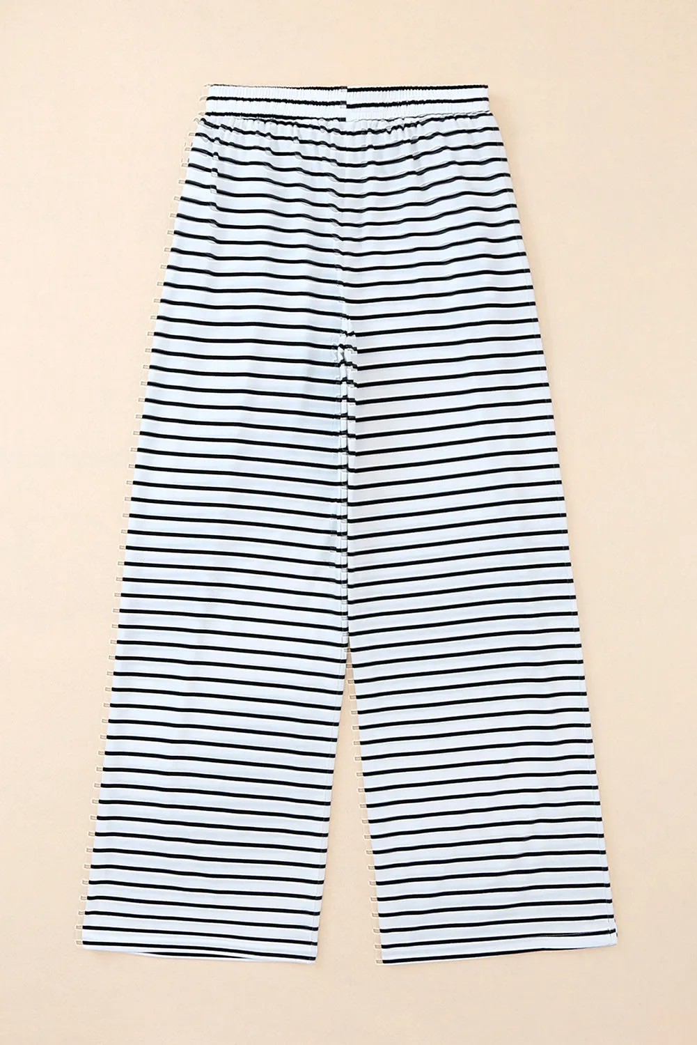 White Striped Casual Drawstring Wide Leg Pants with Pockets