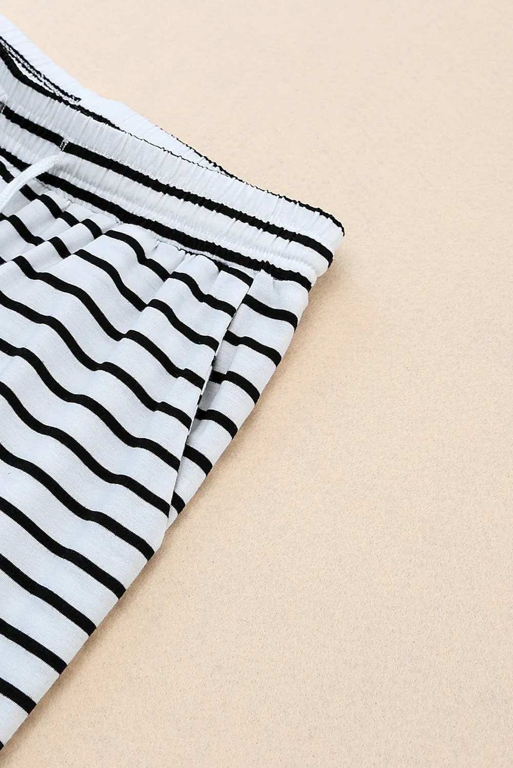 White Striped Casual Drawstring Wide Leg Pants with Pockets