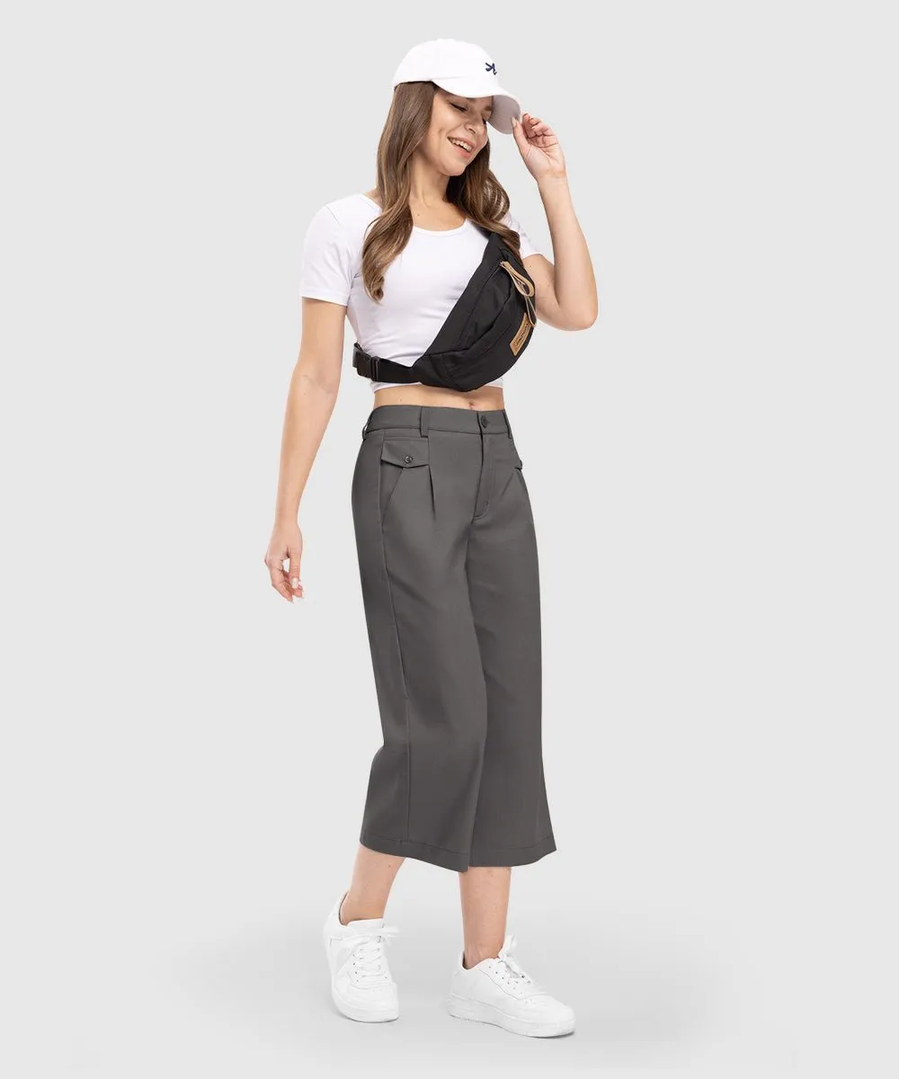 Women High Waisted Wide Leg Linen Palazzo Capri Pants