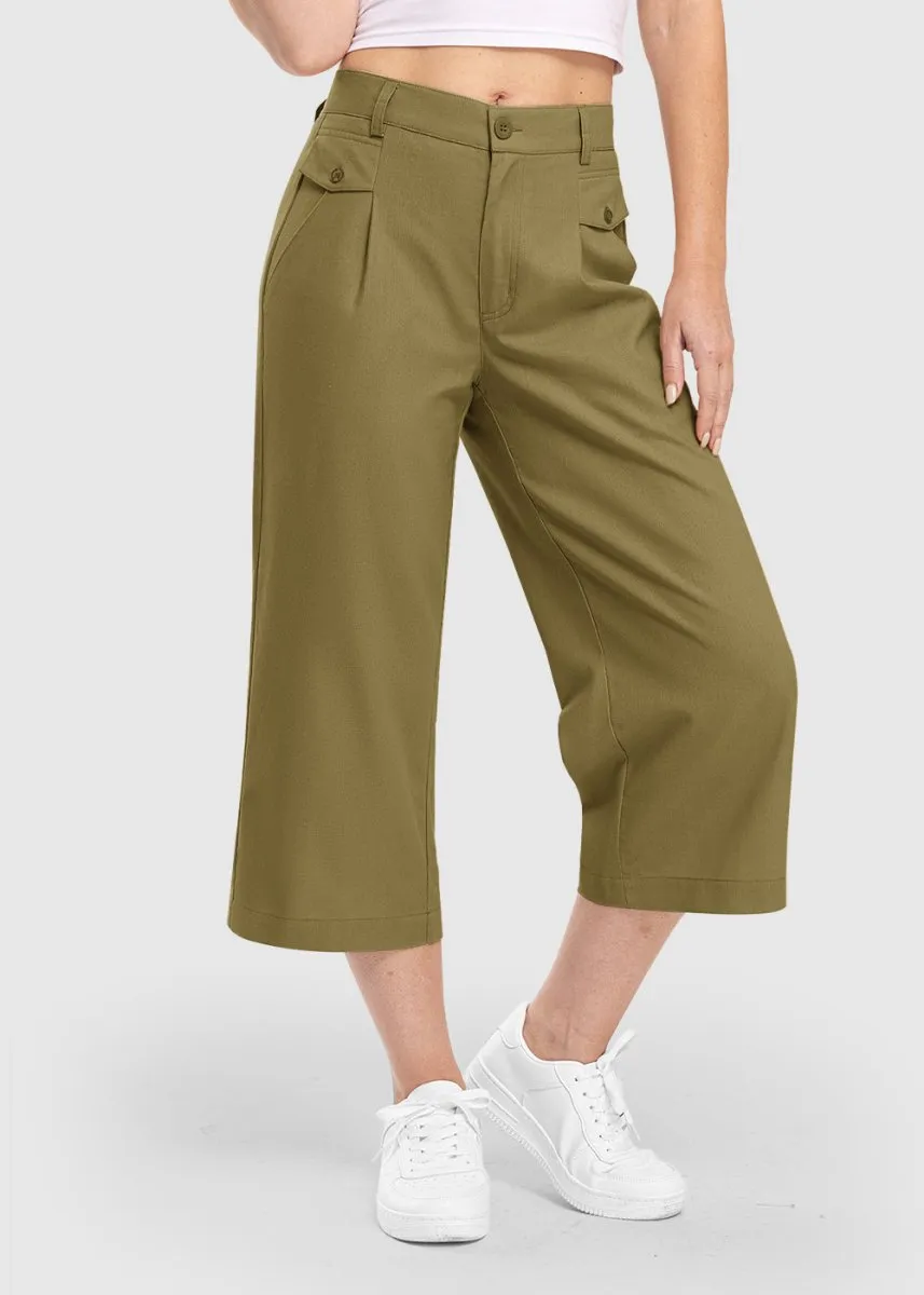 Women High Waisted Wide Leg Linen Palazzo Capri Pants