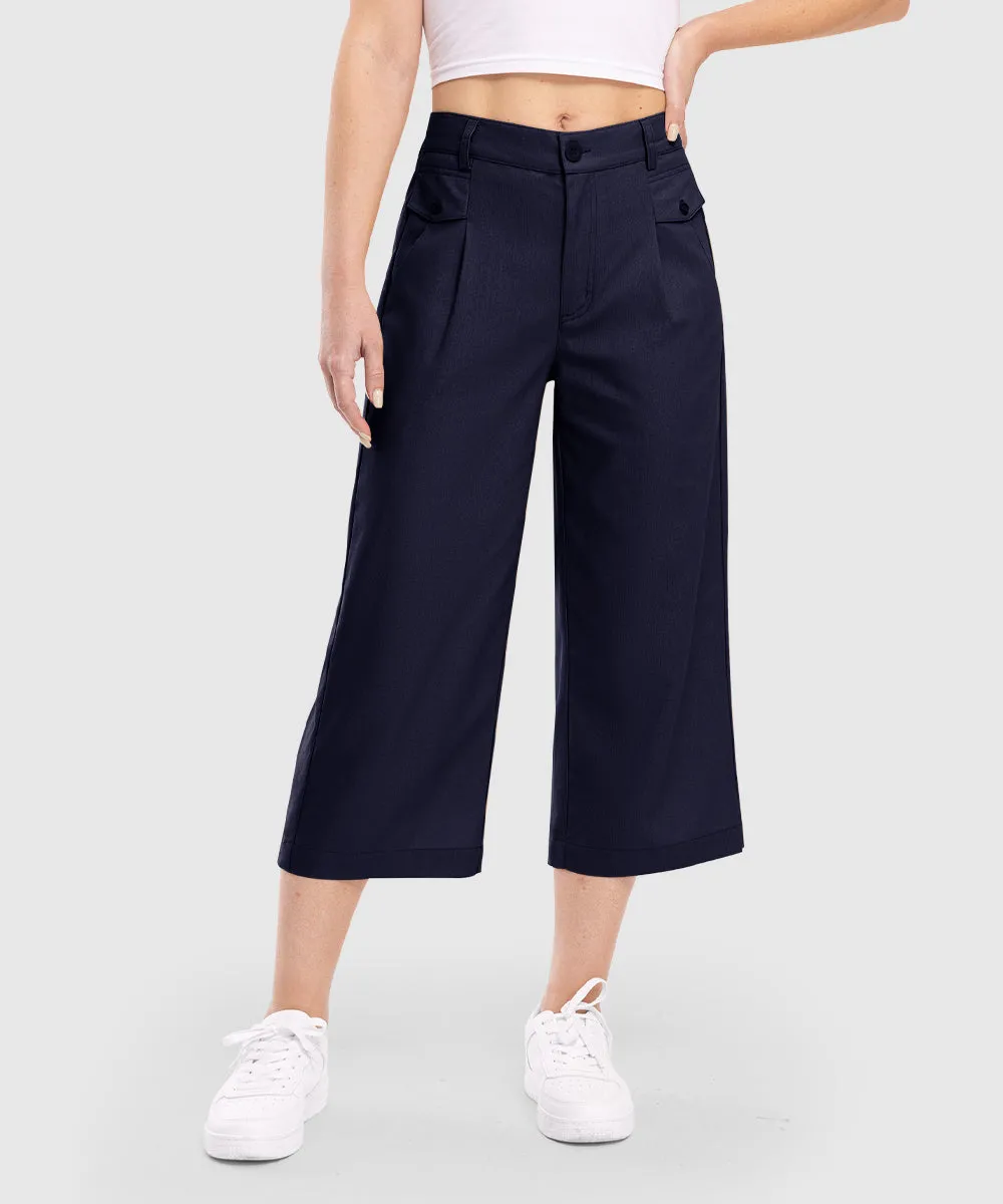 Women High Waisted Wide Leg Linen Palazzo Capri Pants