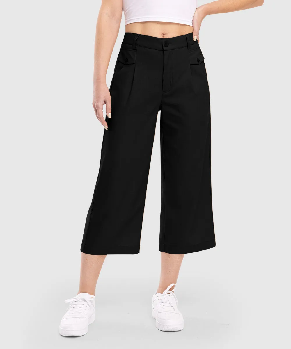 Women High Waisted Wide Leg Linen Palazzo Capri Pants