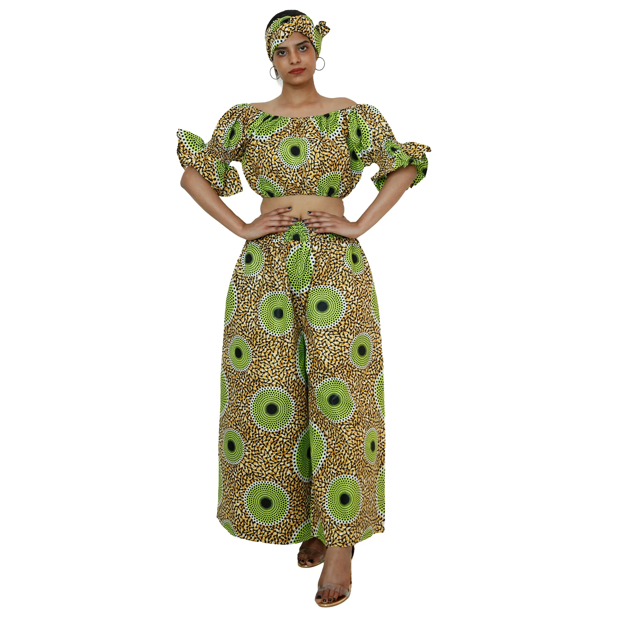 Women's Printed Off Shoulder Crop Top with Pants Set -- FI-4039