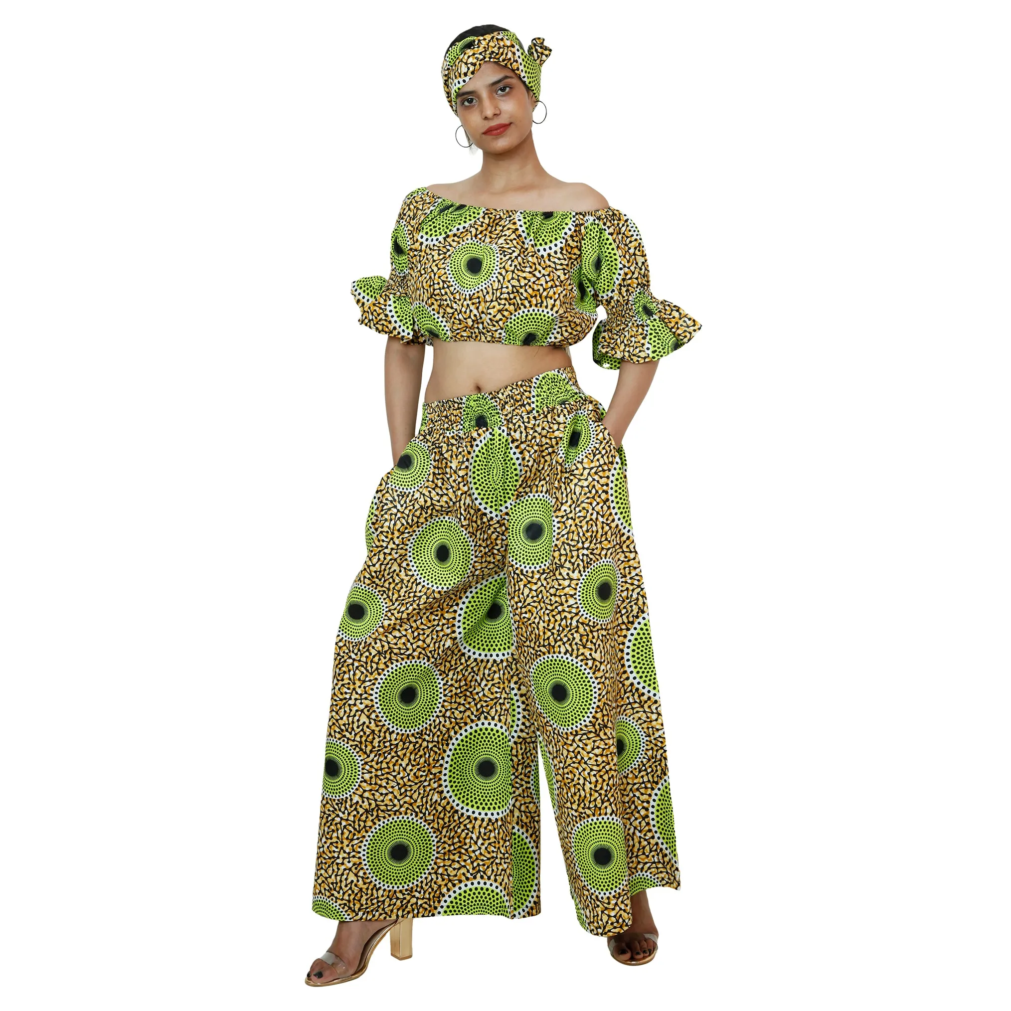 Women's Printed Off Shoulder Crop Top with Pants Set -- FI-4039