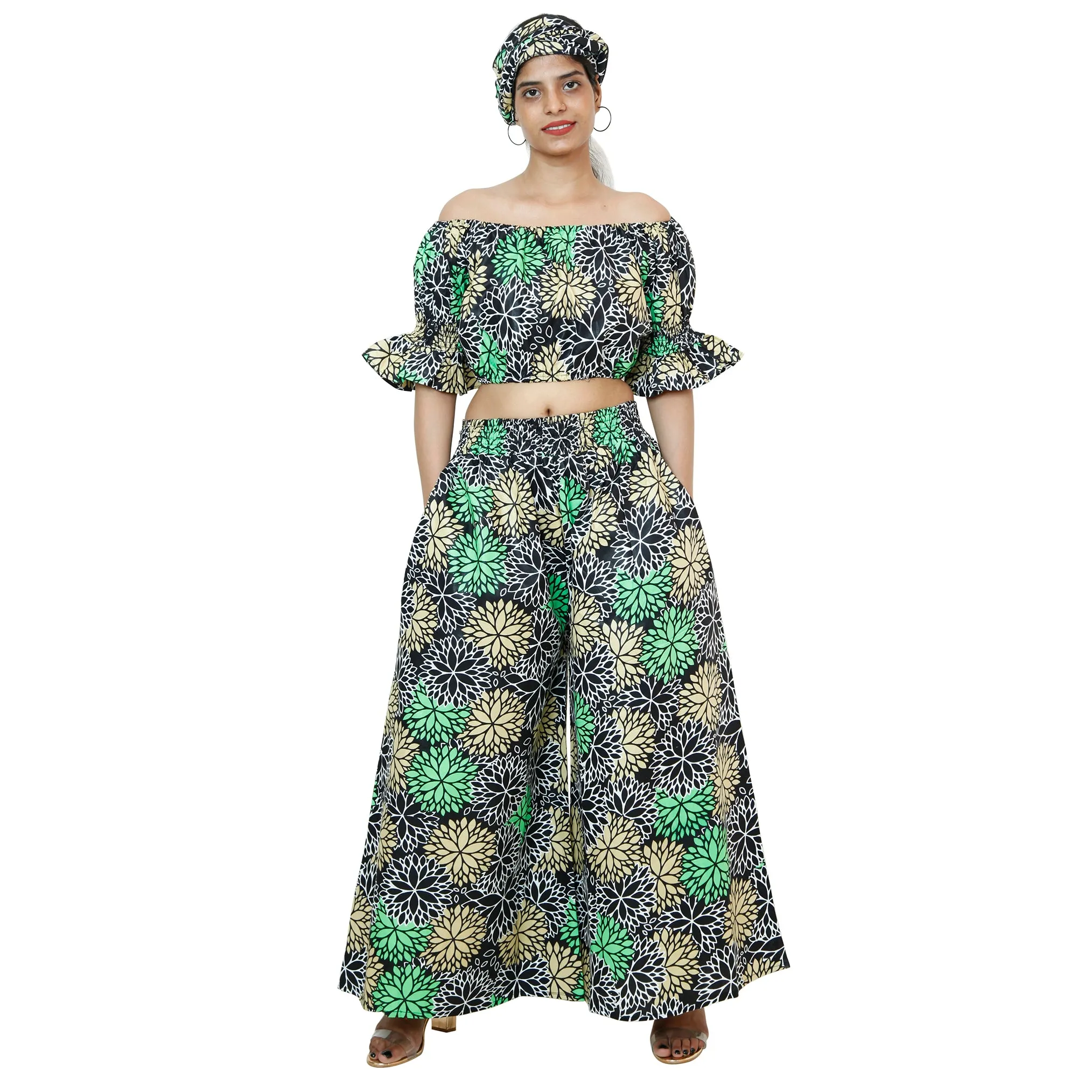 Women's Printed Off Shoulder Crop Top with Pants Set -- FI-4039