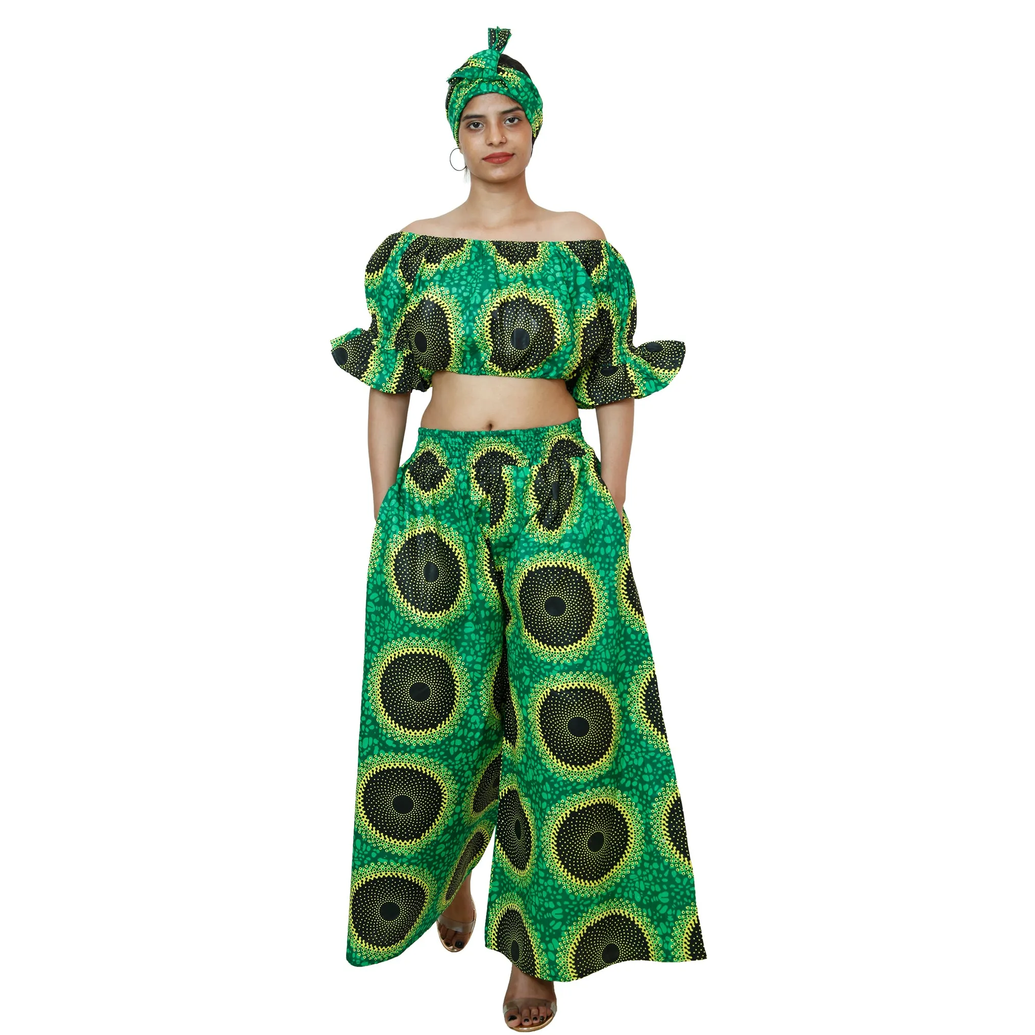 Women's Printed Off Shoulder Crop Top with Pants Set -- FI-4039