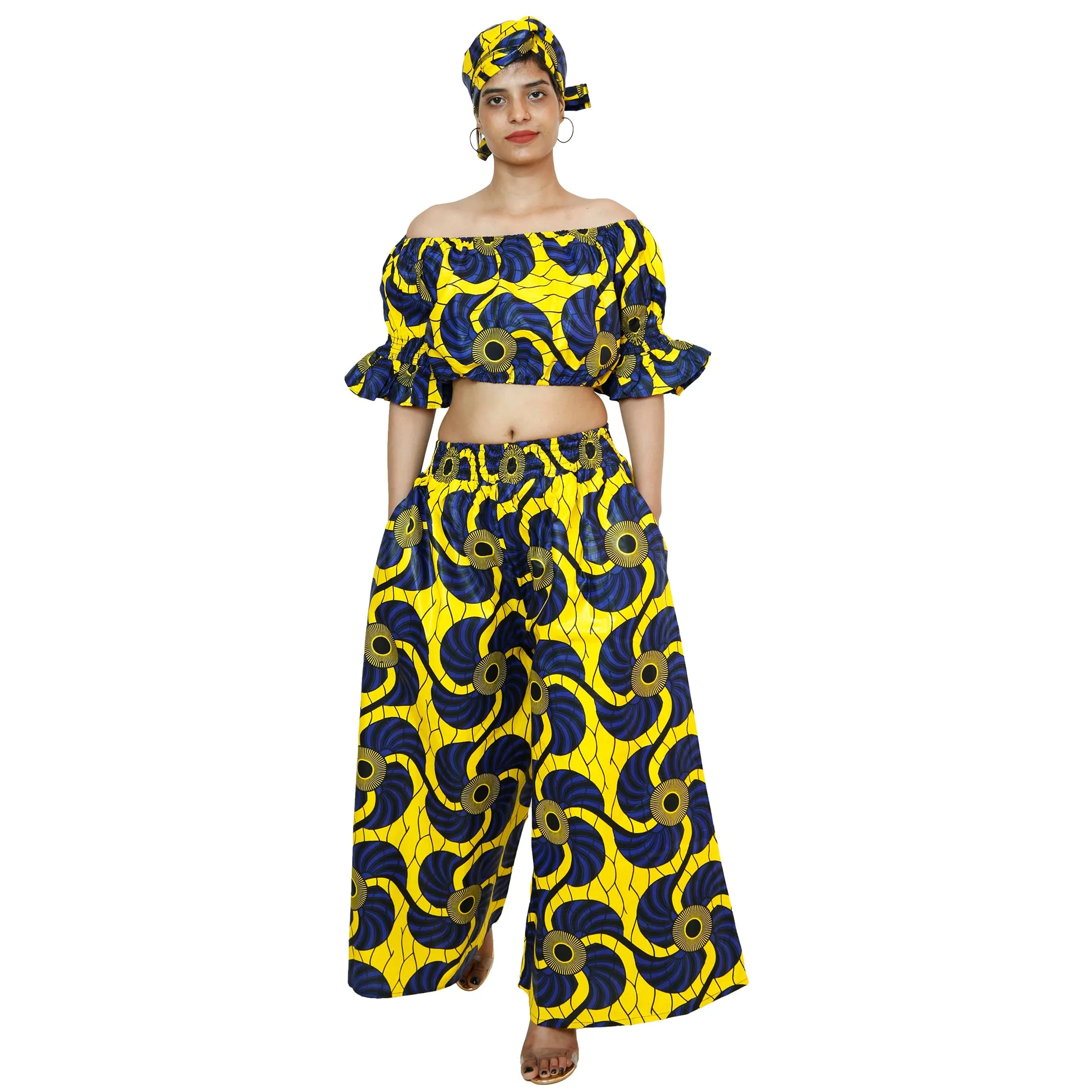 Women's Printed Off Shoulder Crop Top with Pants Set -- FI-4039