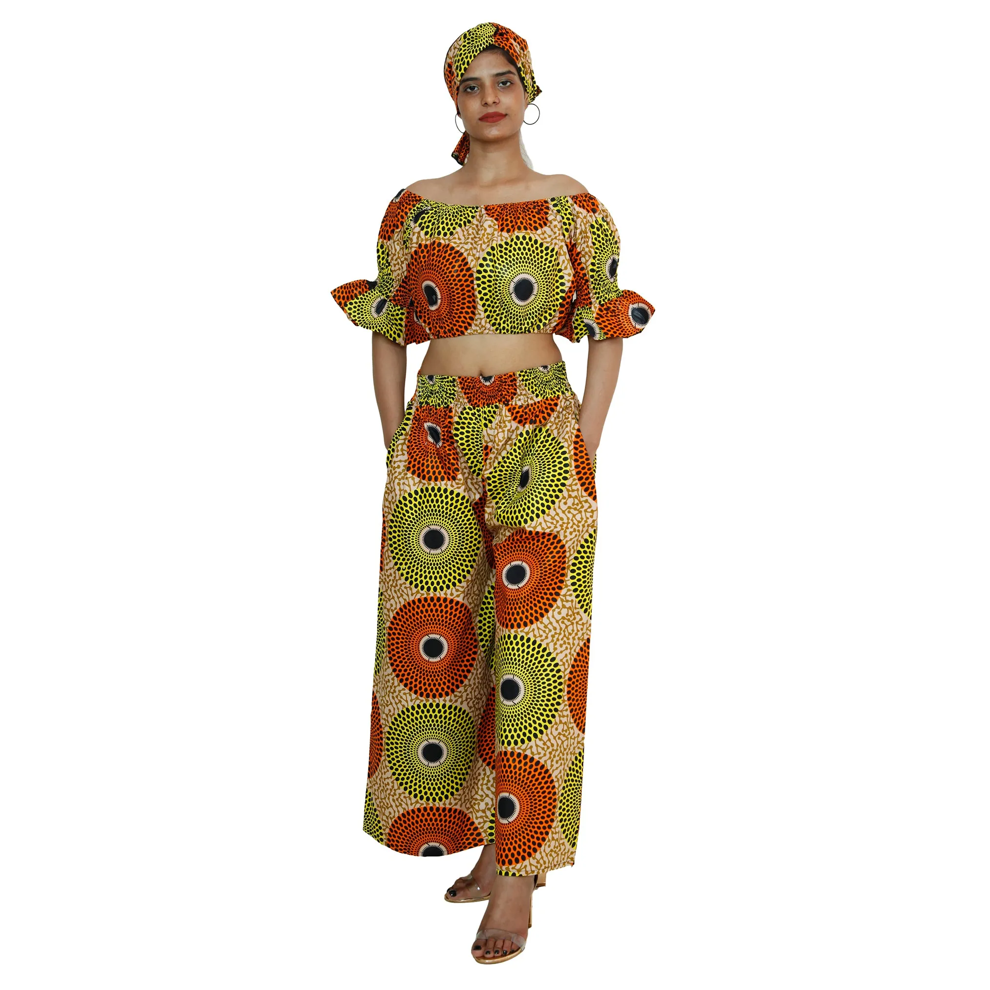 Women's Printed Off Shoulder Crop Top with Pants Set -- FI-4039