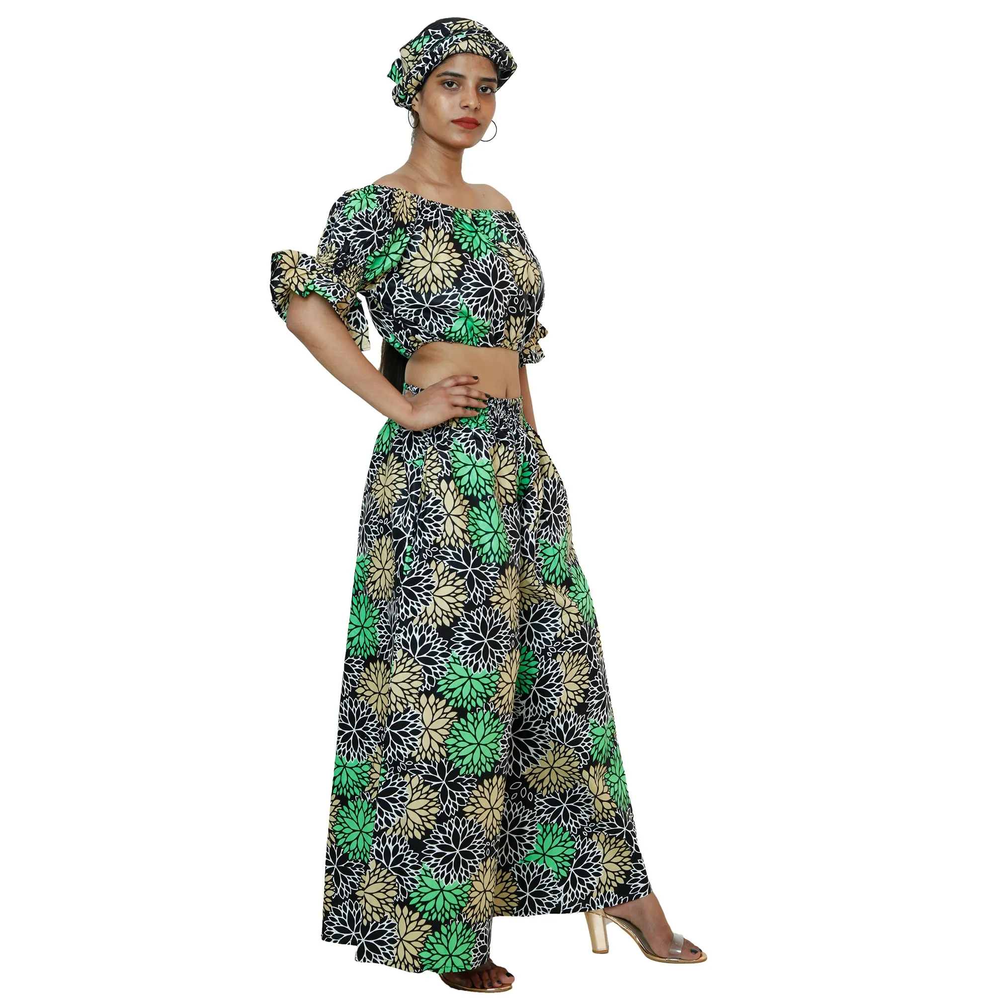 Women's Printed Off Shoulder Crop Top with Pants Set -- FI-4039
