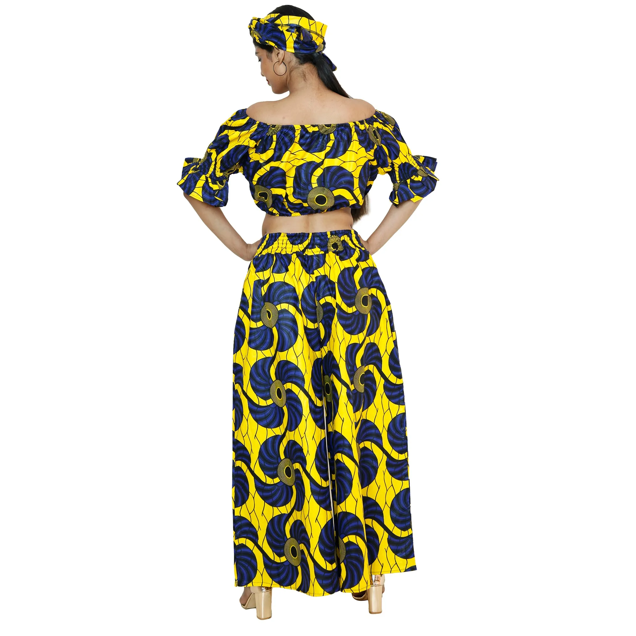 Women's Printed Off Shoulder Crop Top with Pants Set -- FI-4039