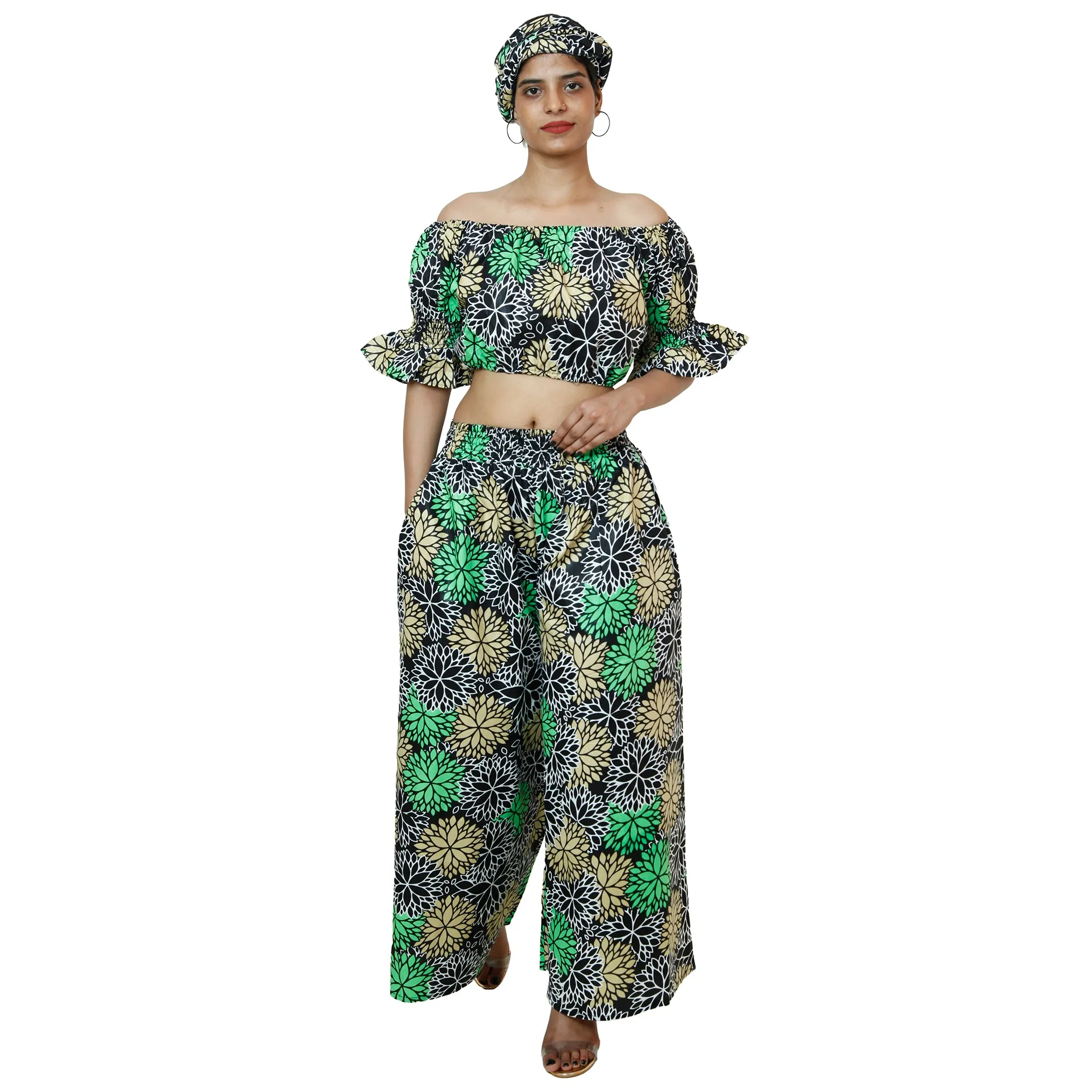 Women's Printed Off Shoulder Crop Top with Pants Set -- FI-4039