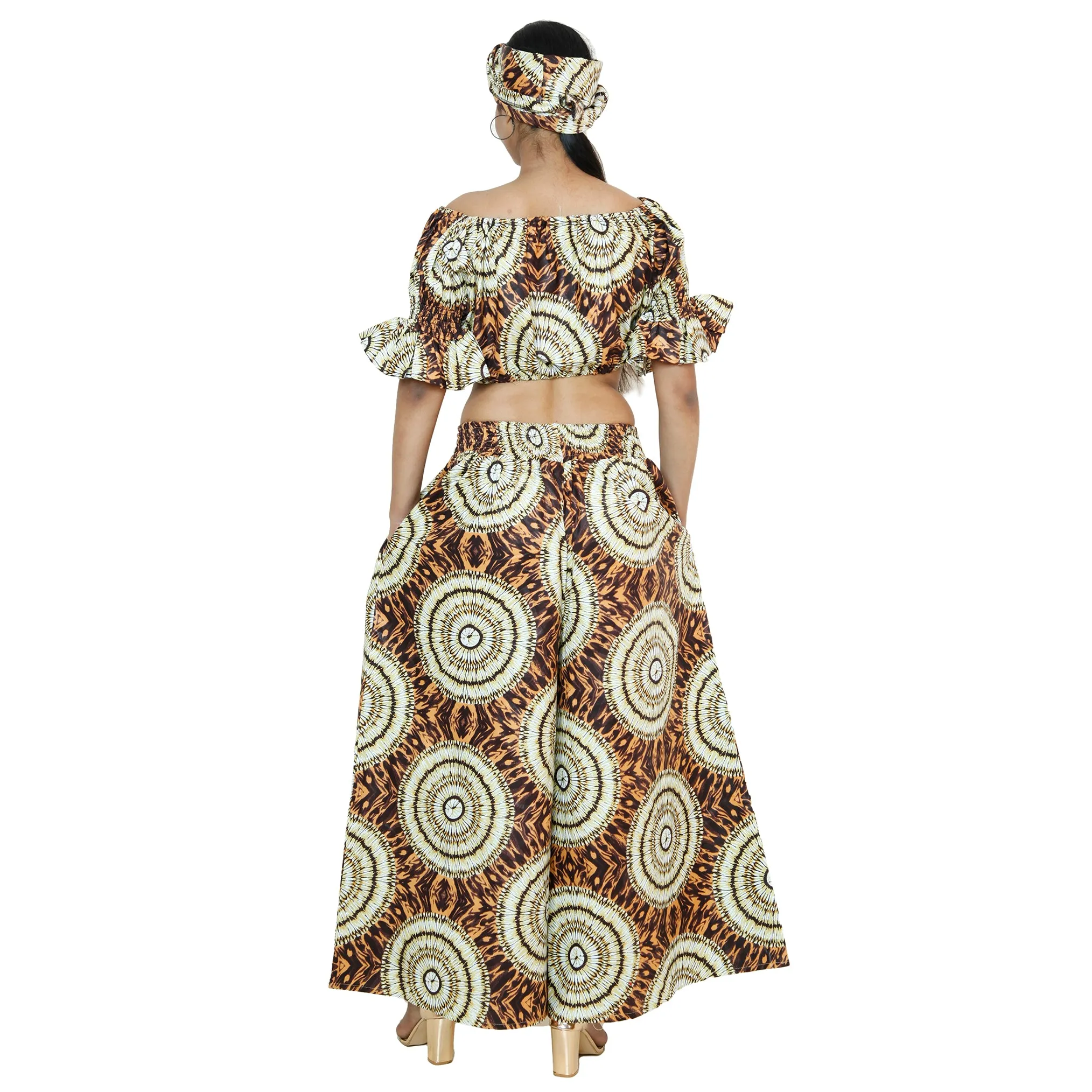 Women's Printed Off Shoulder Crop Top with Pants Set -- FI-4039