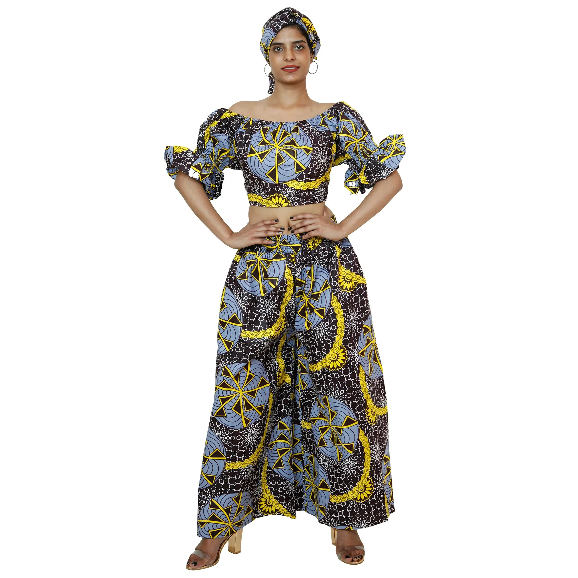 Women's Printed Off Shoulder Crop Top with Pants Set -- FI-4039
