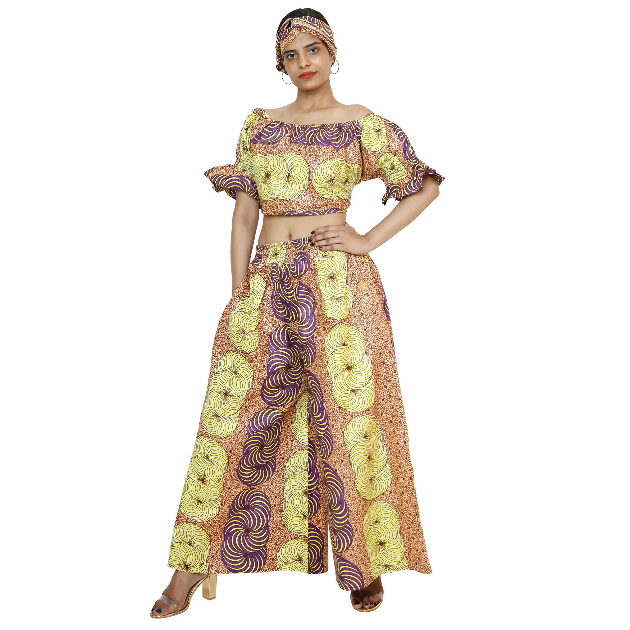 Women's Printed Off Shoulder Crop Top with Pants Set -- FI-4039