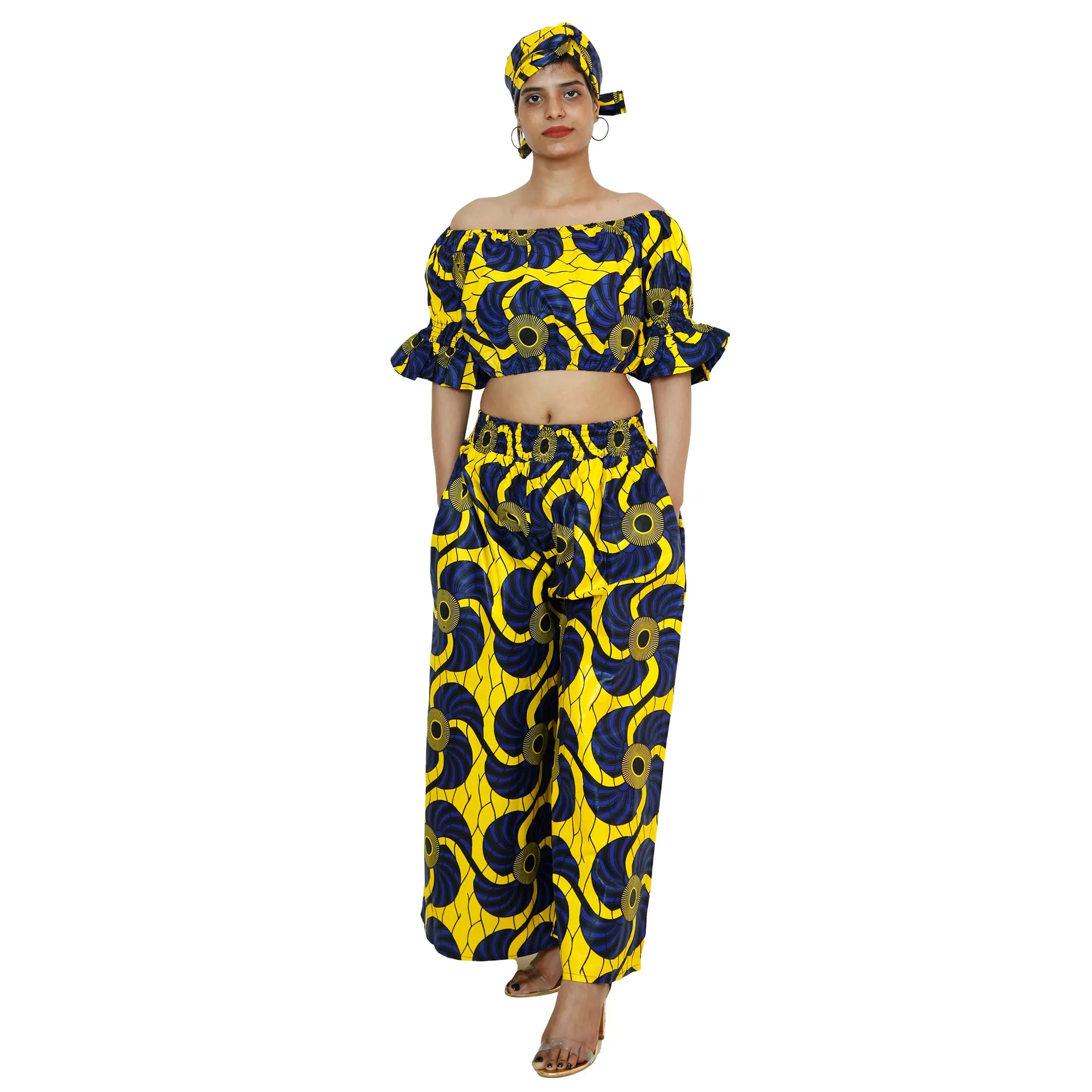Women's Printed Off Shoulder Crop Top with Pants Set -- FI-4039