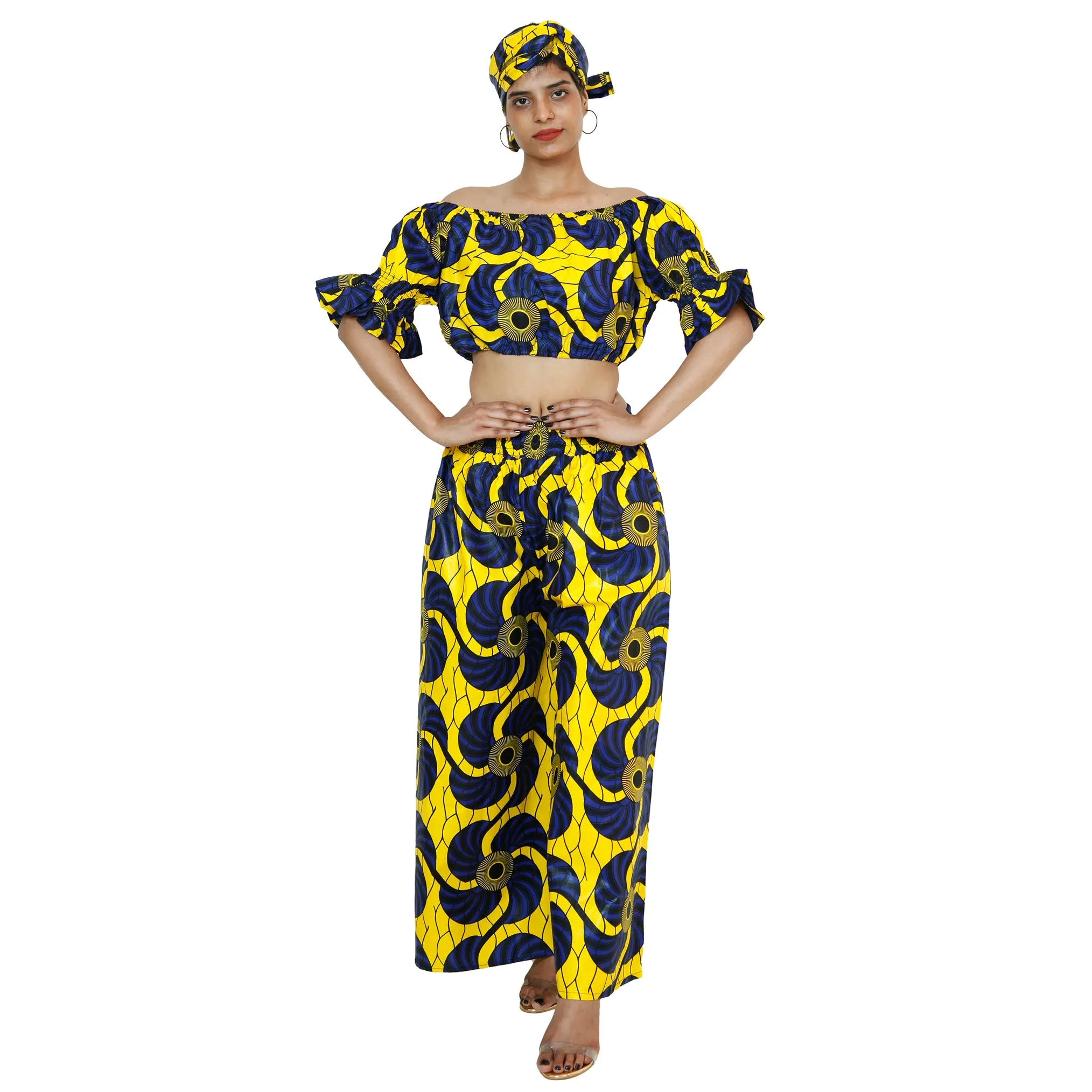 Women's Printed Off Shoulder Crop Top with Pants Set -- FI-4039