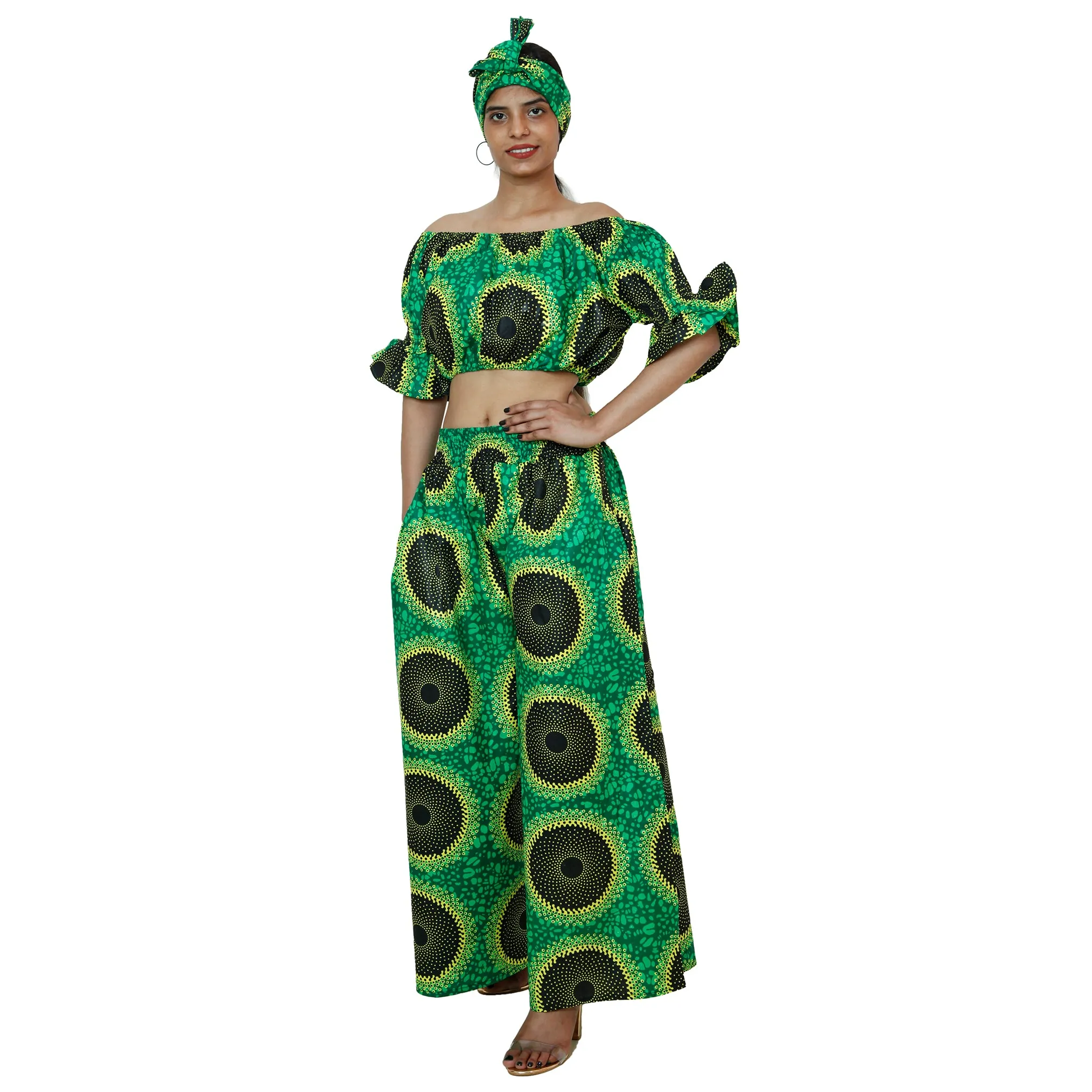 Women's Printed Off Shoulder Crop Top with Pants Set -- FI-4039