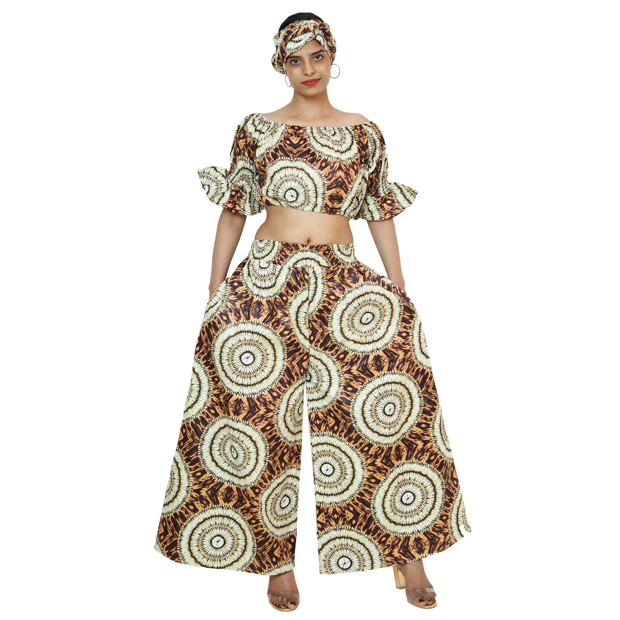 Women's Printed Off Shoulder Crop Top with Pants Set -- FI-4039