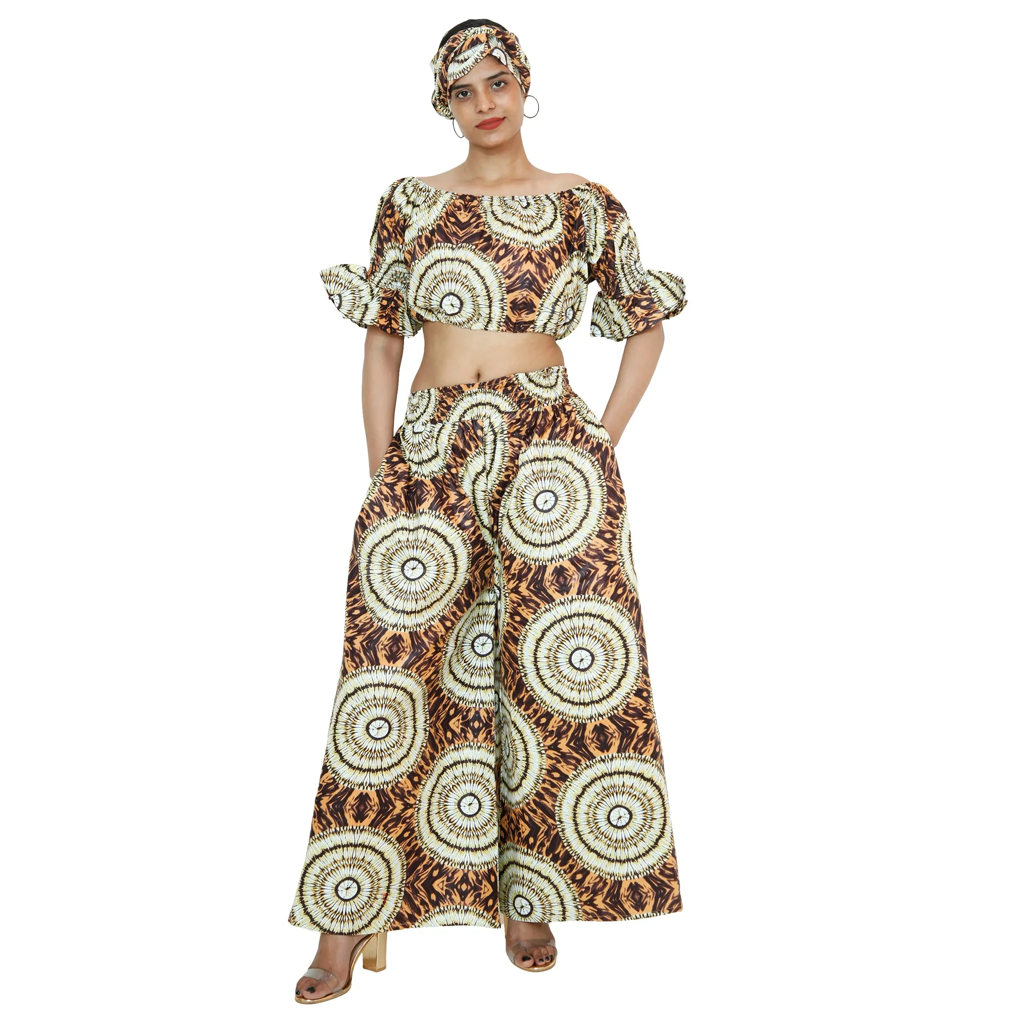 Women's Printed Off Shoulder Crop Top with Pants Set -- FI-4039