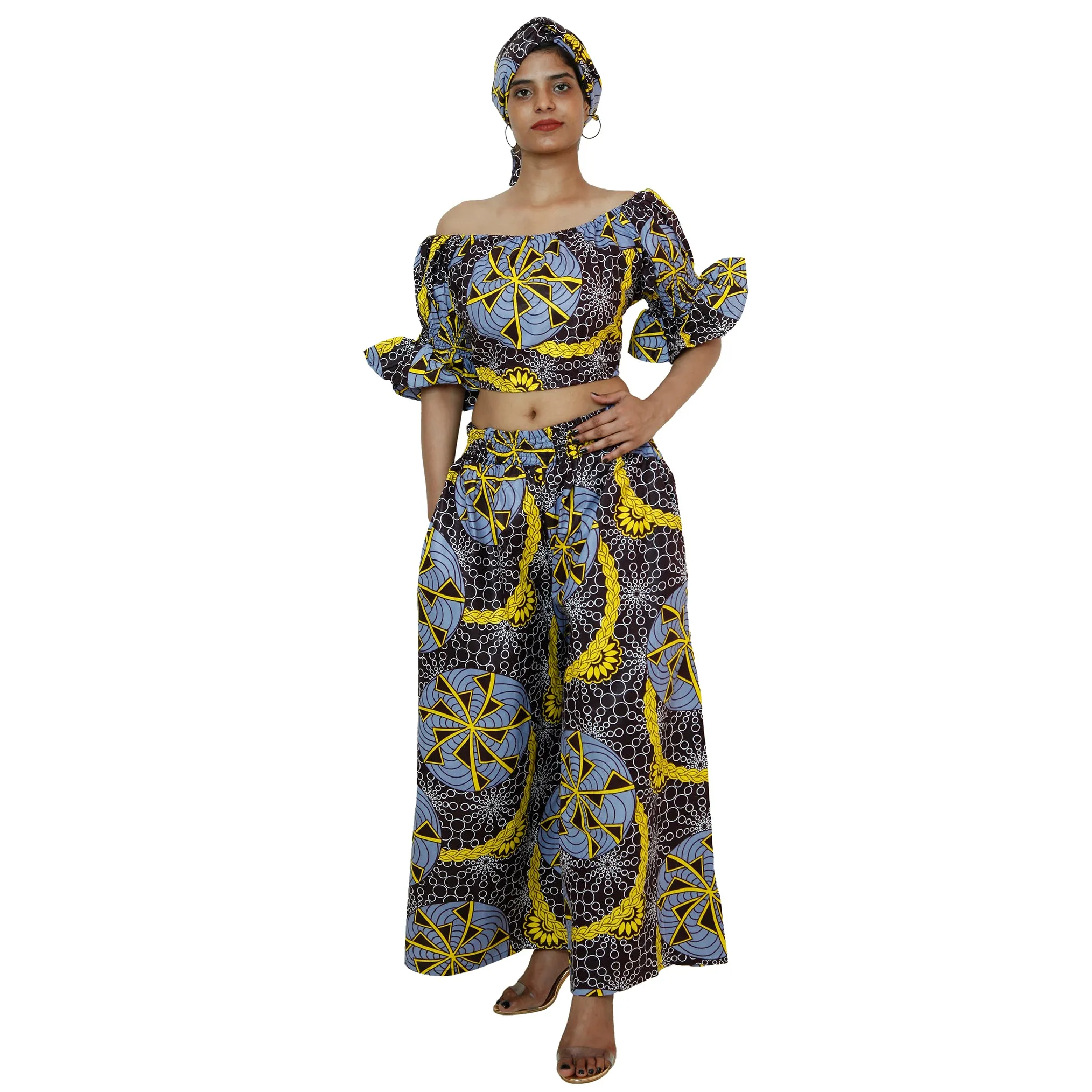 Women's Printed Off Shoulder Crop Top with Pants Set -- FI-4039
