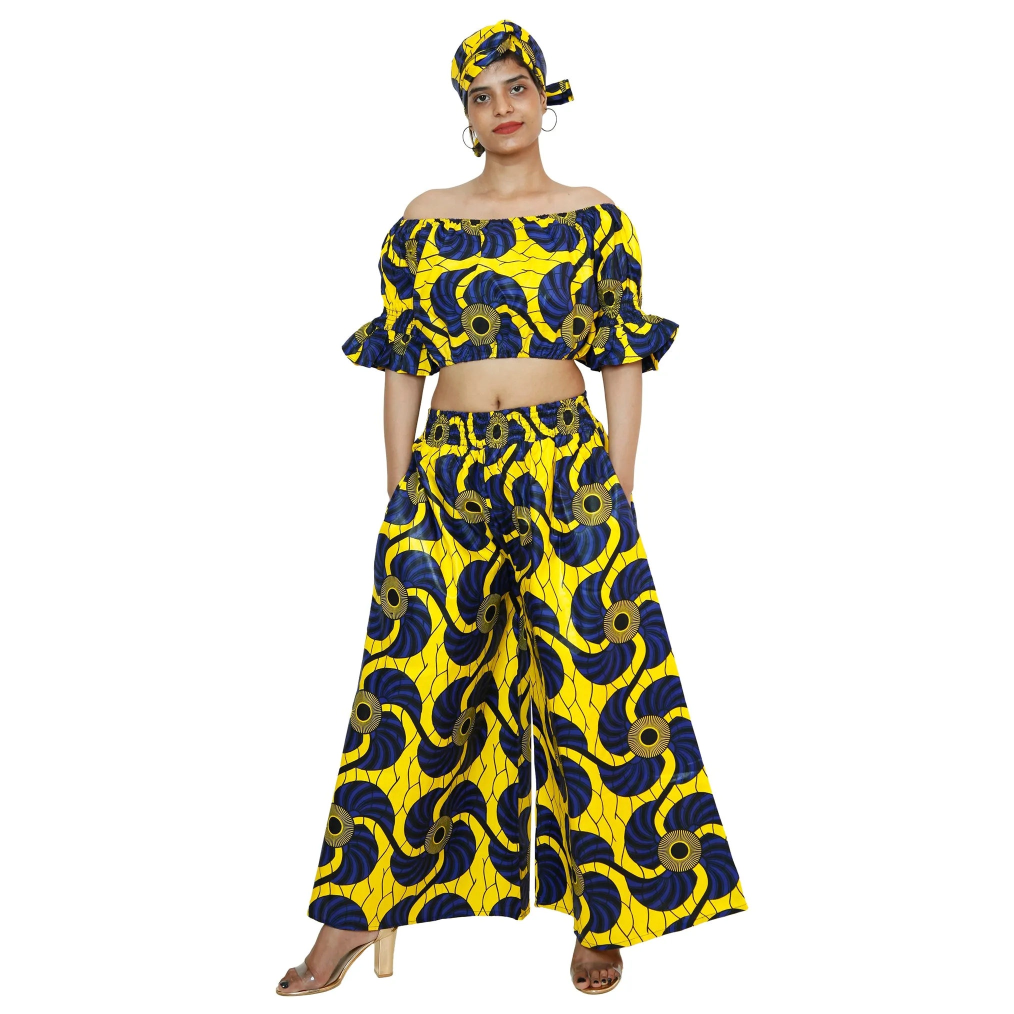 Women's Printed Off Shoulder Crop Top with Pants Set -- FI-4039