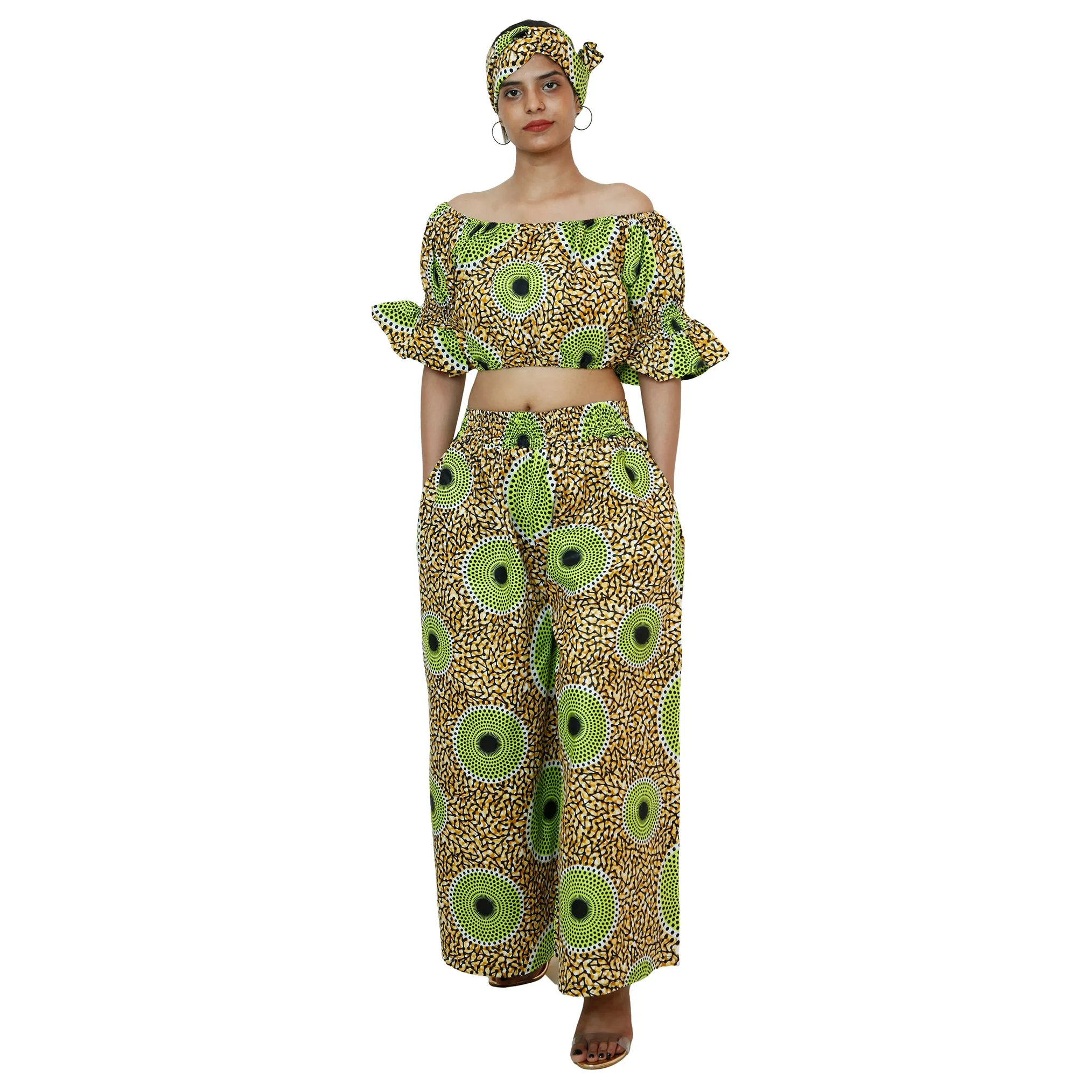 Women's Printed Off Shoulder Crop Top with Pants Set -- FI-4039