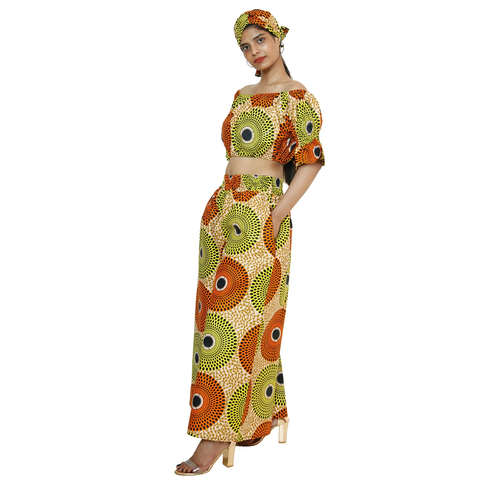 Women's Printed Off Shoulder Crop Top with Pants Set -- FI-4039
