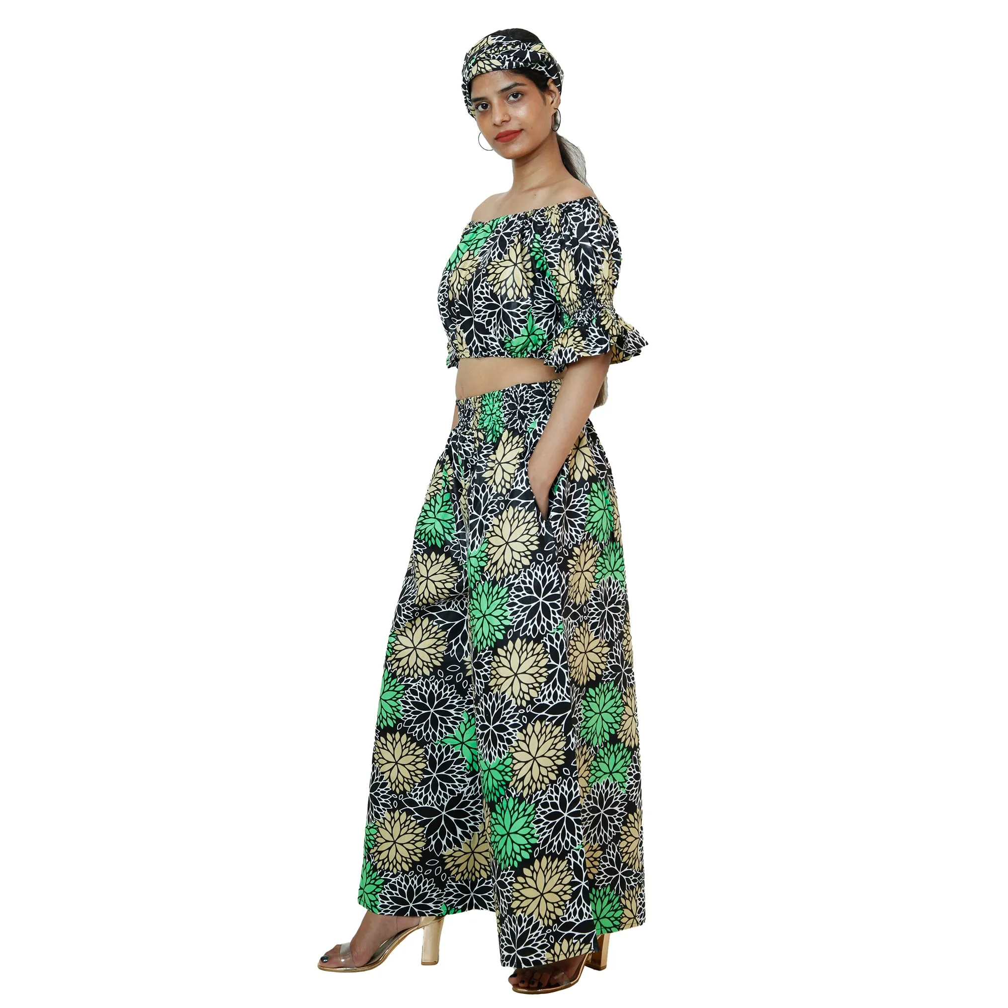 Women's Printed Off Shoulder Crop Top with Pants Set -- FI-4039