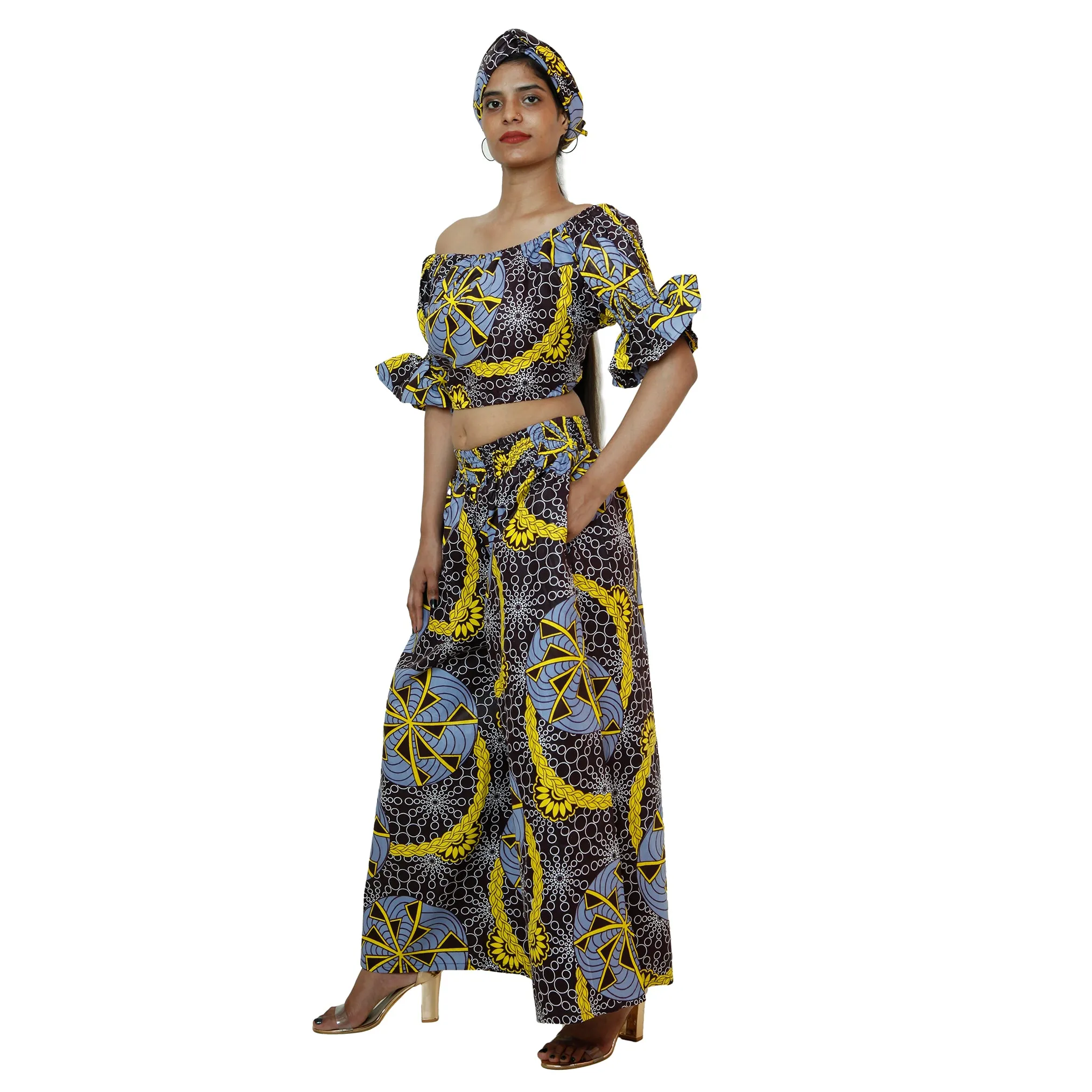 Women's Printed Off Shoulder Crop Top with Pants Set -- FI-4039