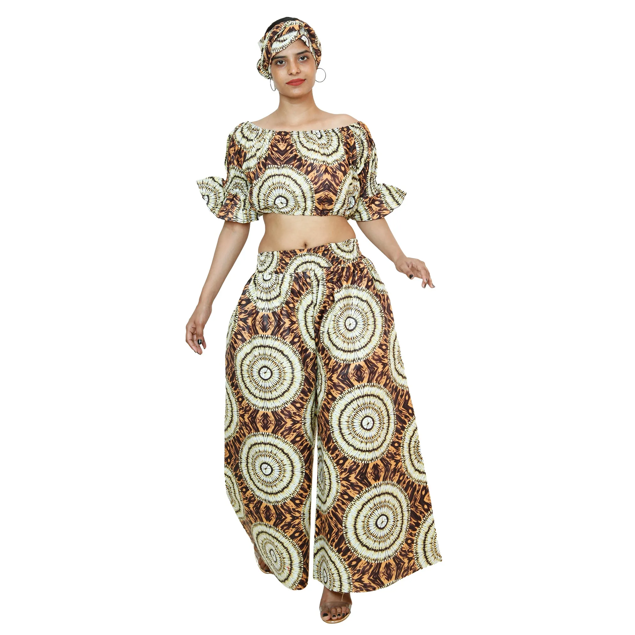 Women's Printed Off Shoulder Crop Top with Pants Set -- FI-4039