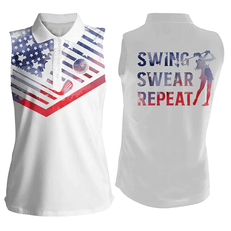 Women's sleeveless golf polo shirt, watercolor American flag swing swear repeat white golf shirt