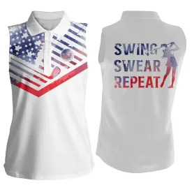 Women's sleeveless golf polo shirt, watercolor American flag swing swear repeat white golf shirt