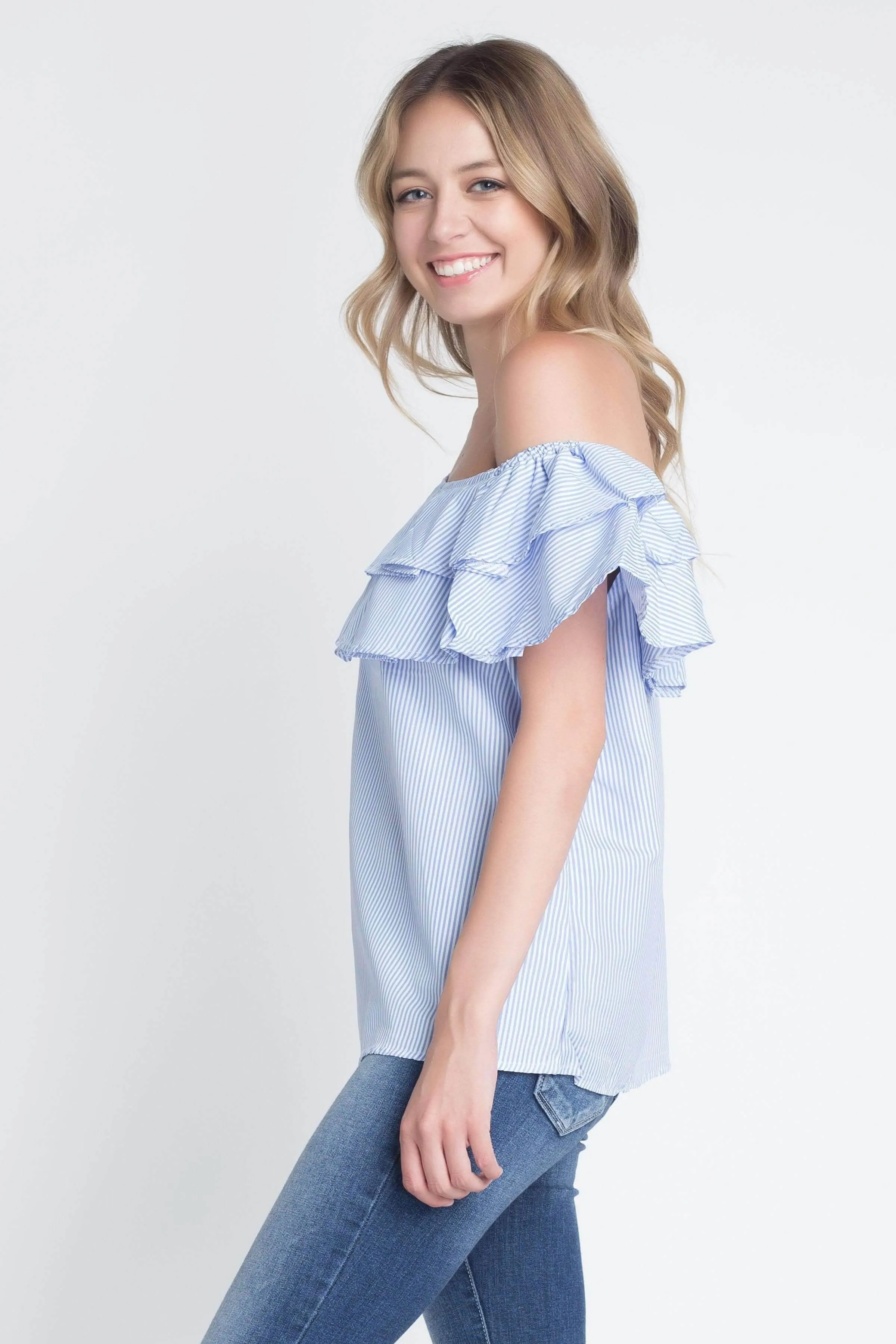 Womens Striped Off Shoulder Ruffle Stripe Blouse