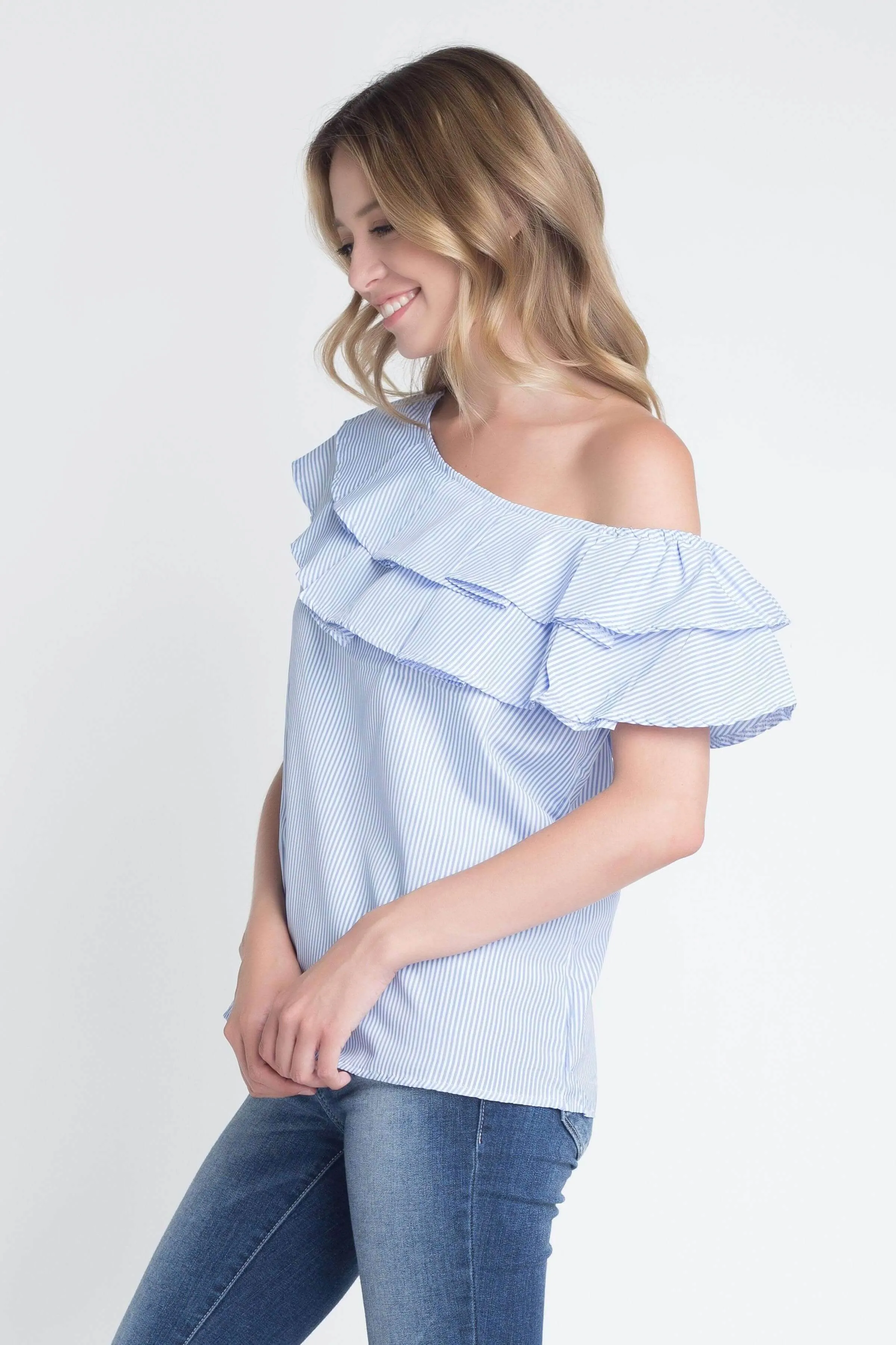 Womens Striped Off Shoulder Ruffle Stripe Blouse