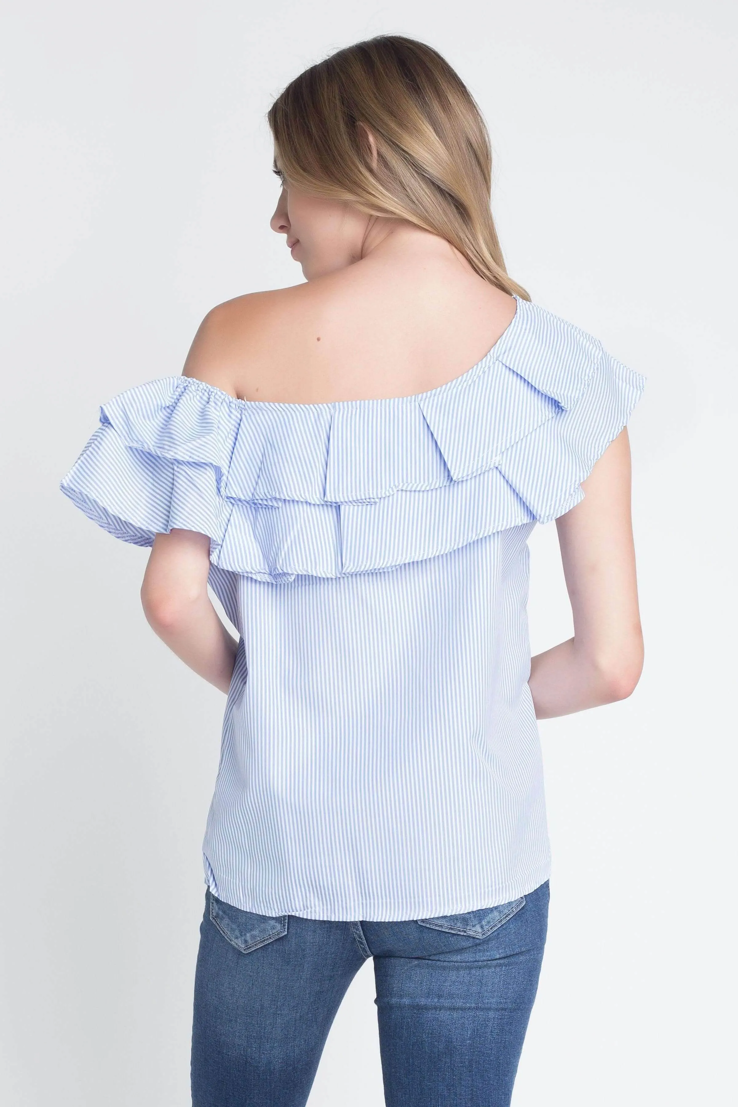 Womens Striped Off Shoulder Ruffle Stripe Blouse