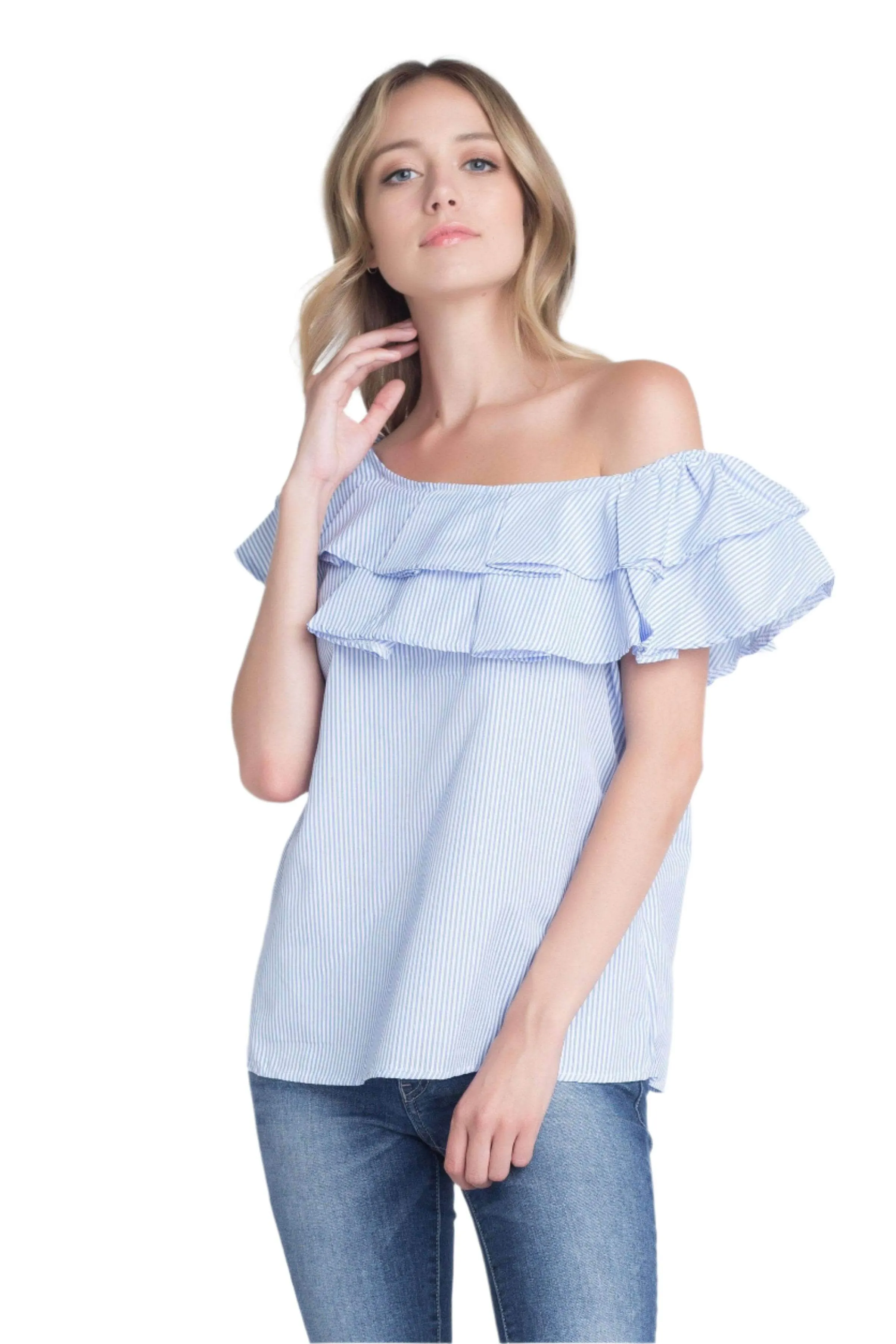 Womens Striped Off Shoulder Ruffle Stripe Blouse